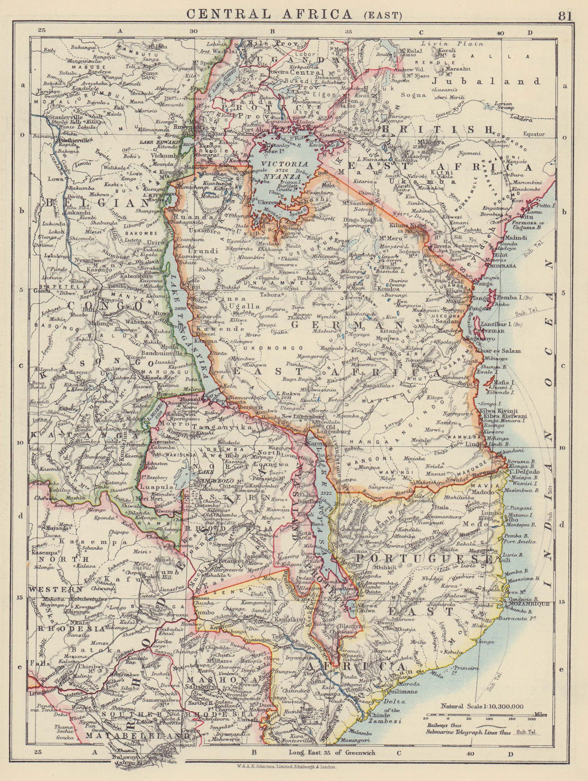 COLONIAL EAST AFRICA. British/German/Portuguese East Africa. Tanzania 1910 map