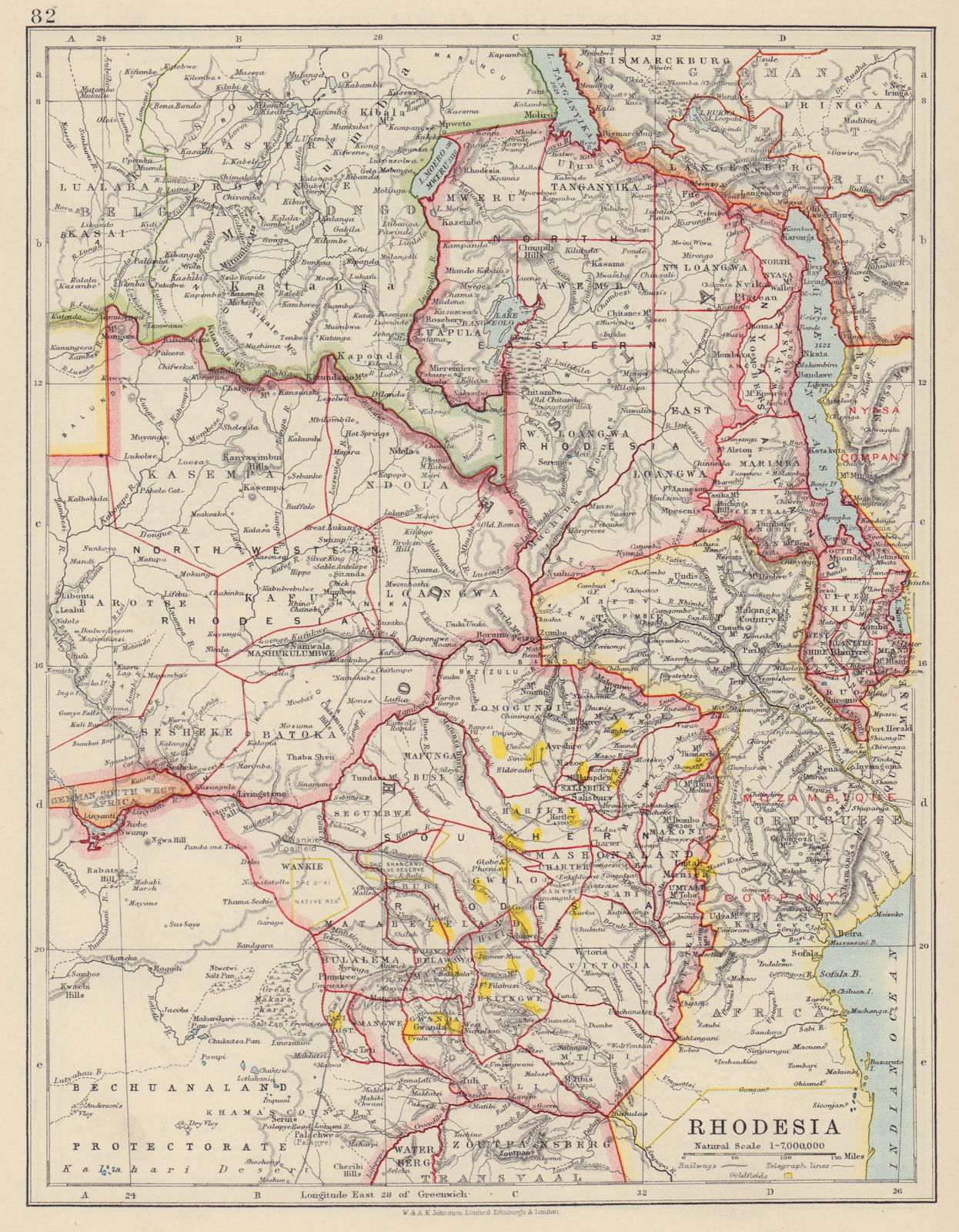 RHODESIA. Goldfields (yellow). Zambesia. Zambia Malawi Zimbabwe 1910 map