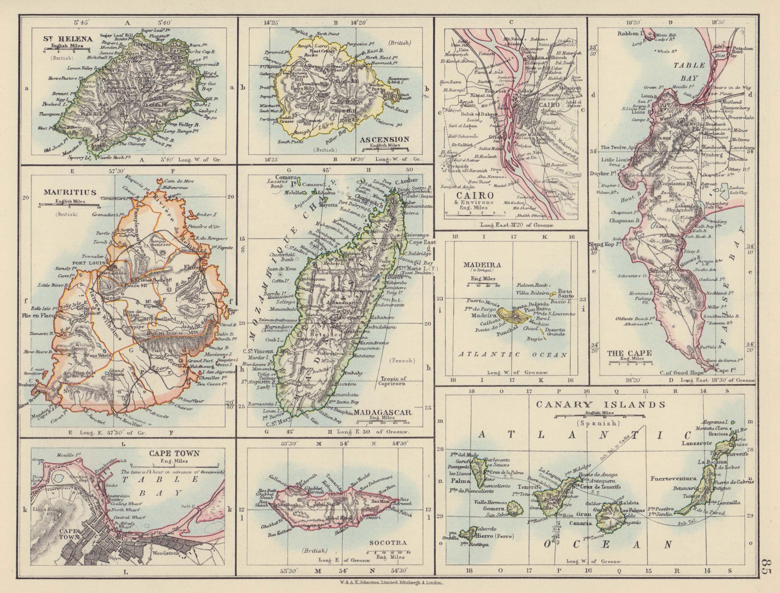 Associate Product AFRICAN ISLANDS Mauritius Madagascar Madeira Canaries St Helena Socotra 1910 map