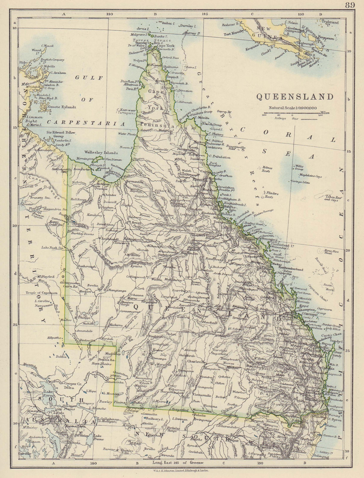 Associate Product QUEENSLAND. State map Brisbane Gold Coast Railways. Australia. JOHNSTON 1910