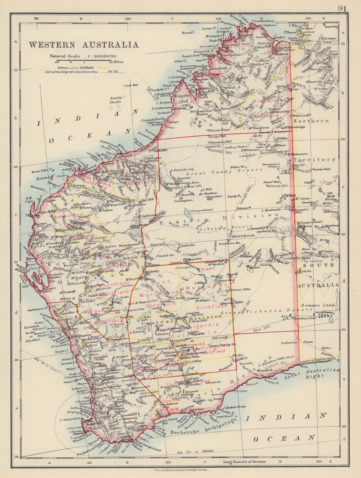 WEST AUSTRALIA. Goldfields Explorers route Giles Forrest Warburton 1910 map