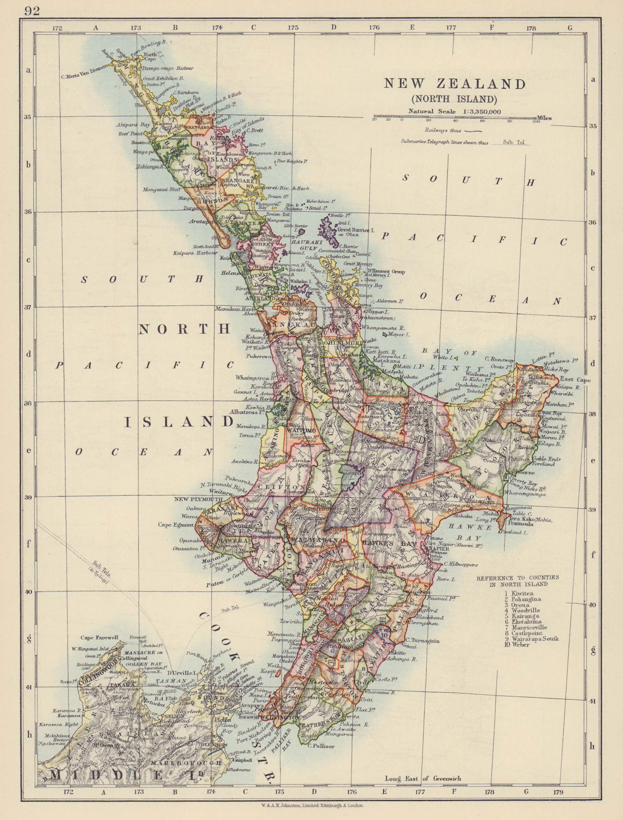 NORTH ISLAND NEW ZEALAND. Showing counties telegraph cables. JOHNSTON 1910 map