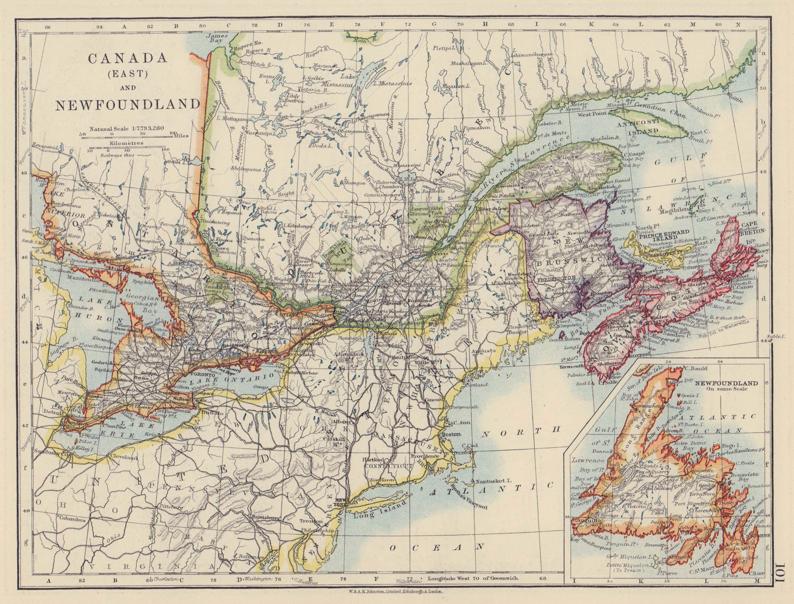 Associate Product EASTERN CANADA. Ontario Quebec Maritime Provinces NB PE NS. JOHNSTON 1910 map