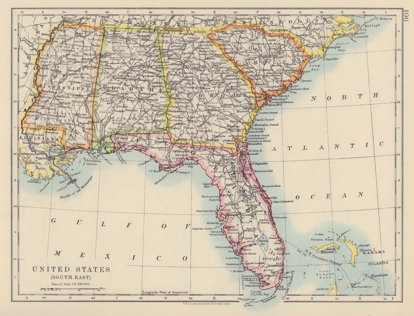 USA DEEP SOUTH. Florida South Carolina Georgia Alabama Mississippi USA 1910 map