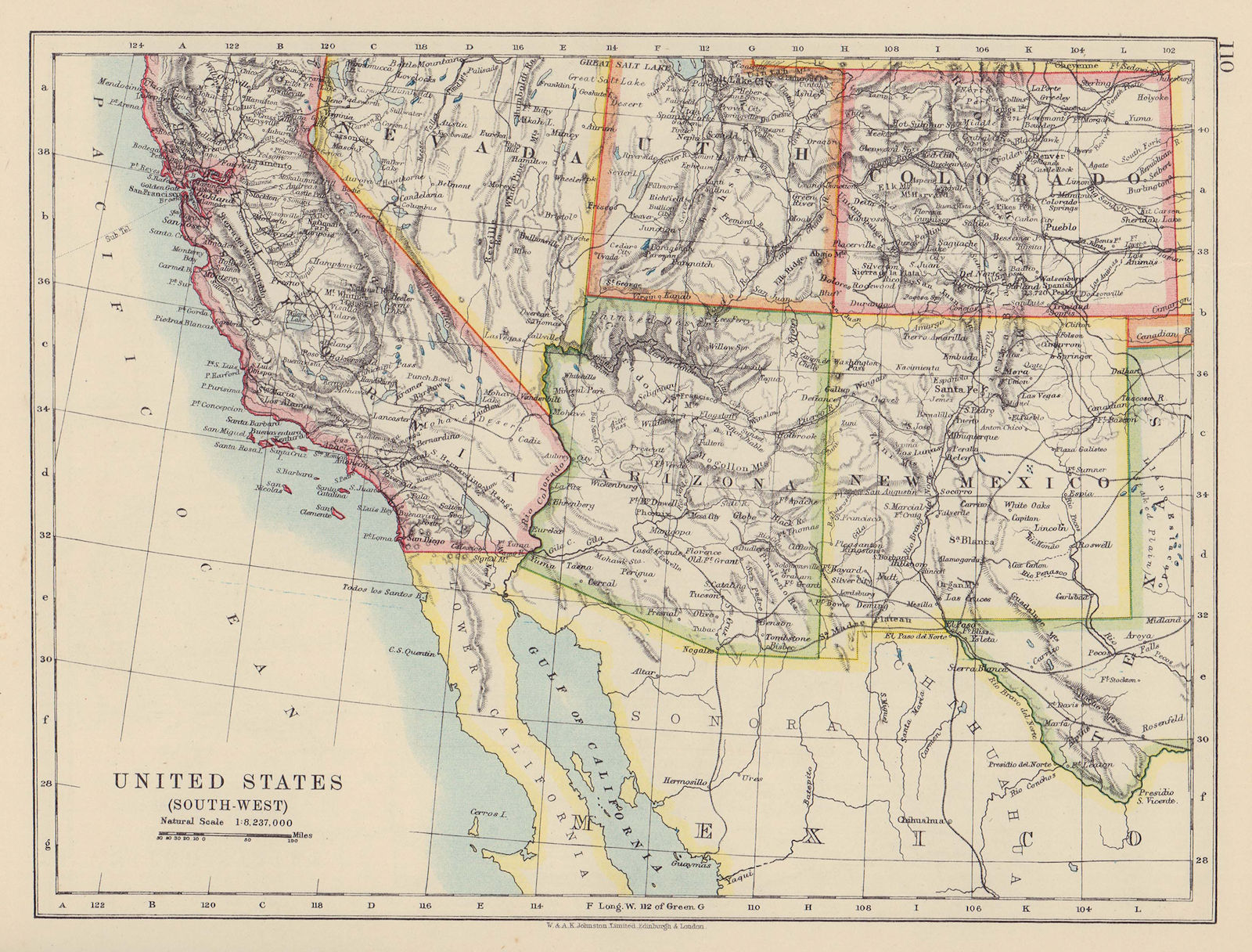 Associate Product USA SOUTH WEST. California Arizona NM Colorado Utah Nevada. JOHNSTON 1910 map