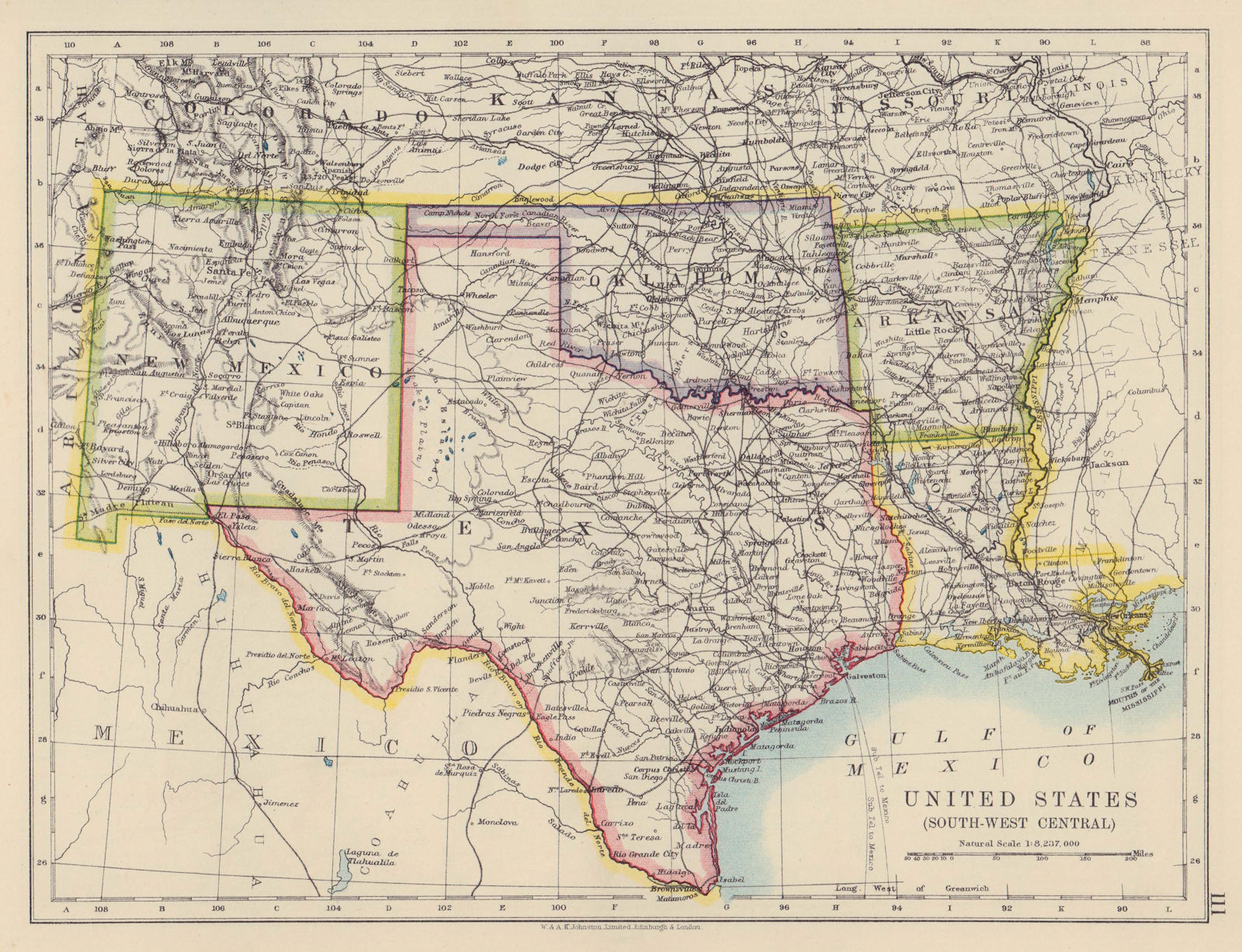 Associate Product USA SOUTH CENTRAL Texas Oklahoma New Mexico Arkansas Louisiana JOHNSTON 1910 map