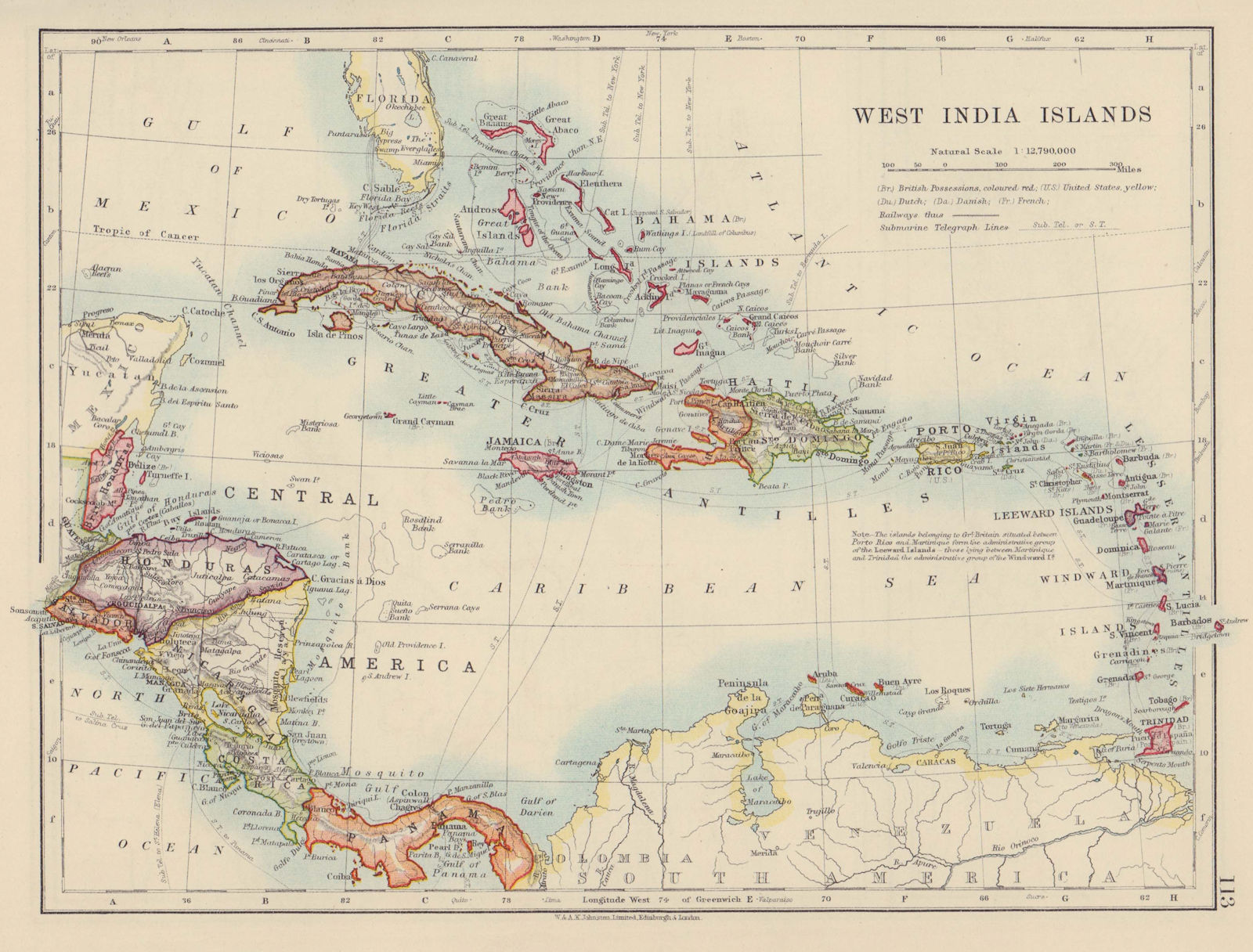 WEST INDIA ISLANDS. Caribbean Bahamas Windward/Leeward Is. JOHNSTON 1910 map