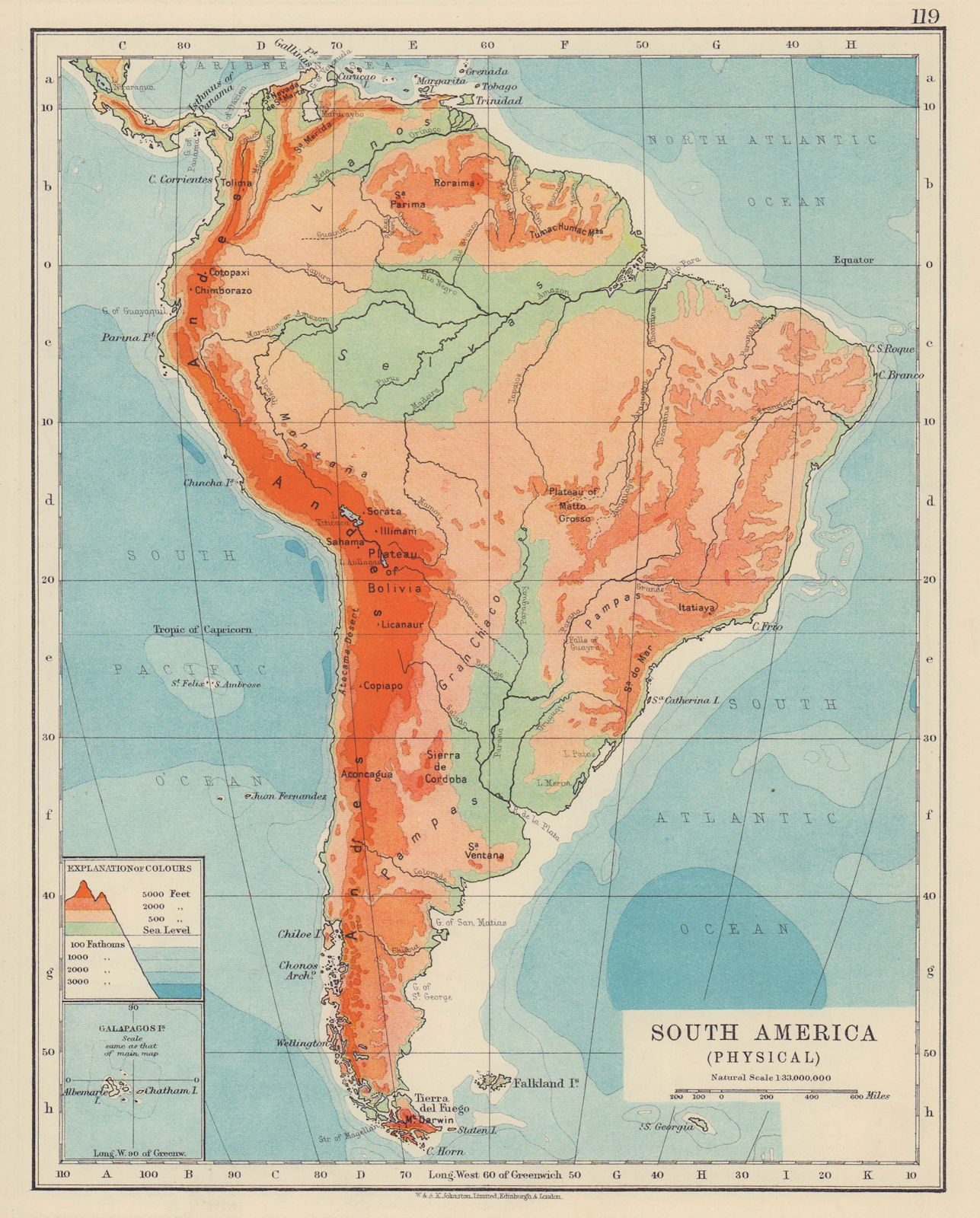 SOUTH AMERICA PHYSICAL. Andes Amazon basin. JOHNSTON 1910 old antique map