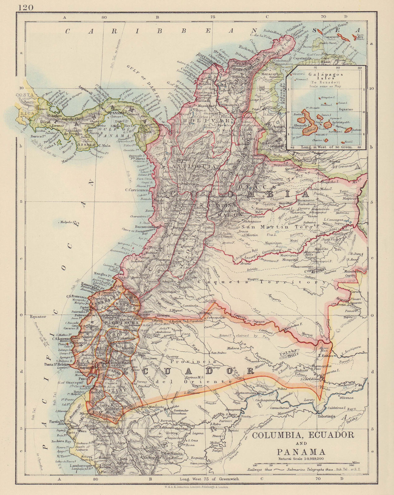 Associate Product ANDEAN STATES. Colombia Ecuador Panama. South America. JOHNSTON 1910 old map