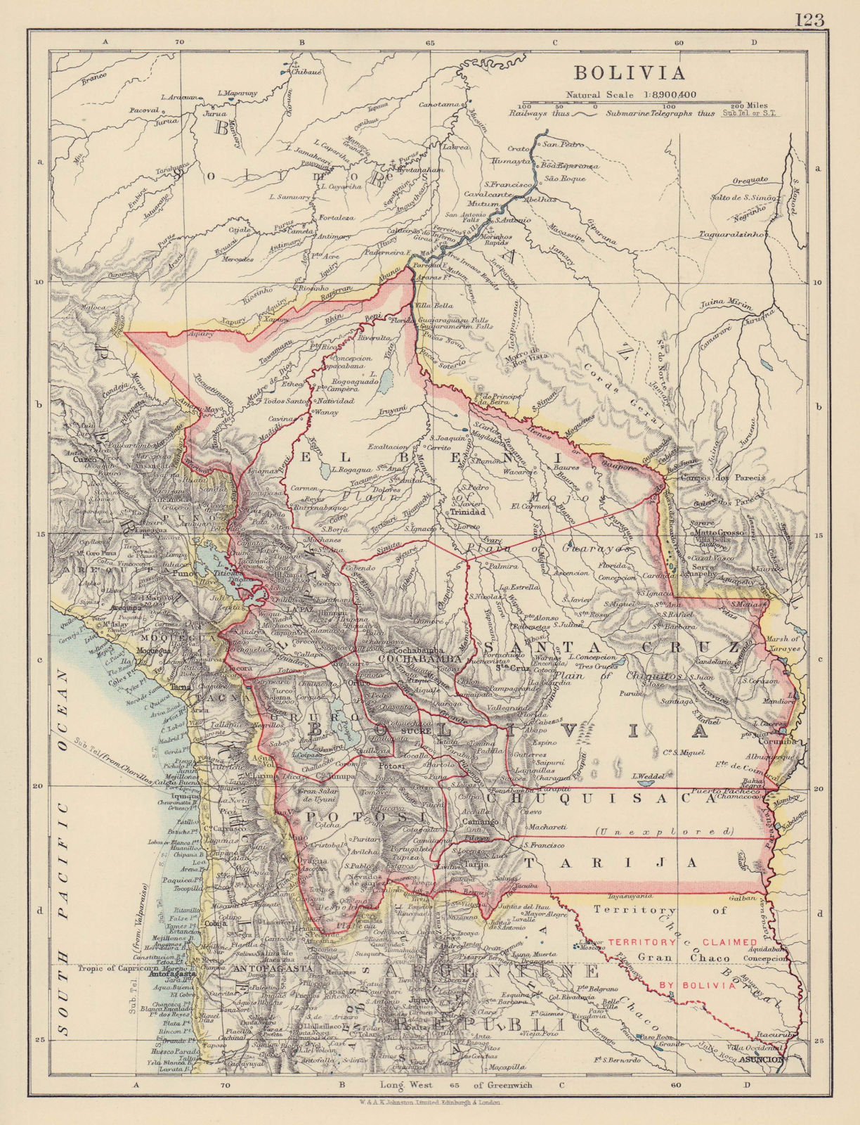 BOLIVIA inc. North Gran Chaco lost 1935. Paraguay claim. JOHNSTON 1910 old map