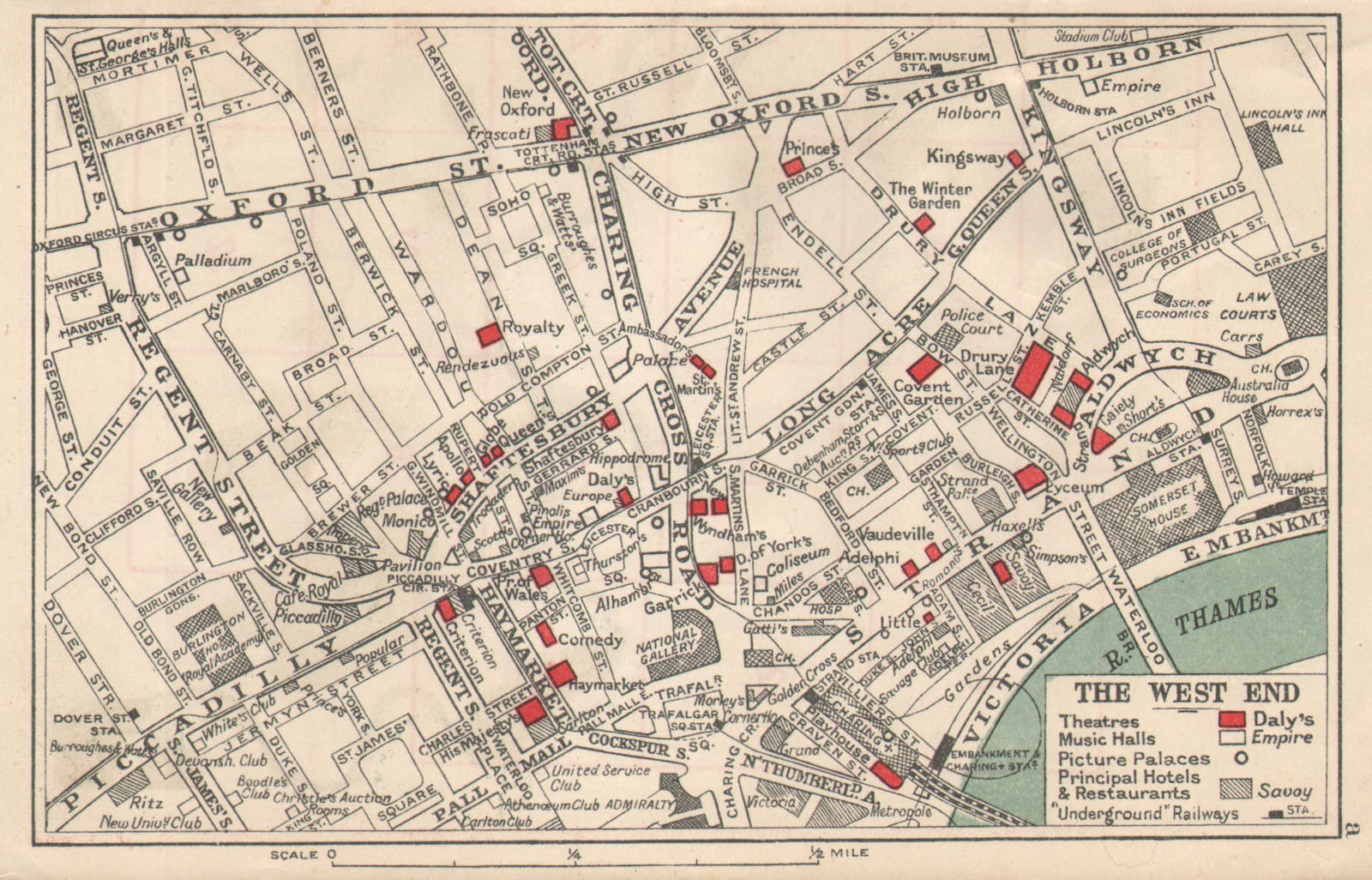 LONDON WEST END. Theatres Cinemas. Principal Hotels Restaurants. BACON 1925 map