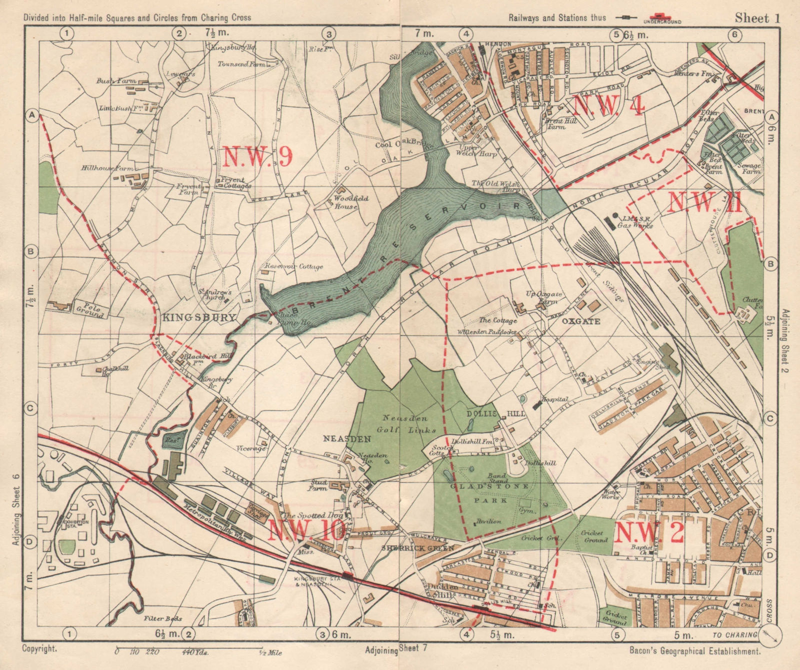 NW LONDON. Neasden Cricklewood Hendon Kingsbury Oxgate Brent. BACON 1925 map