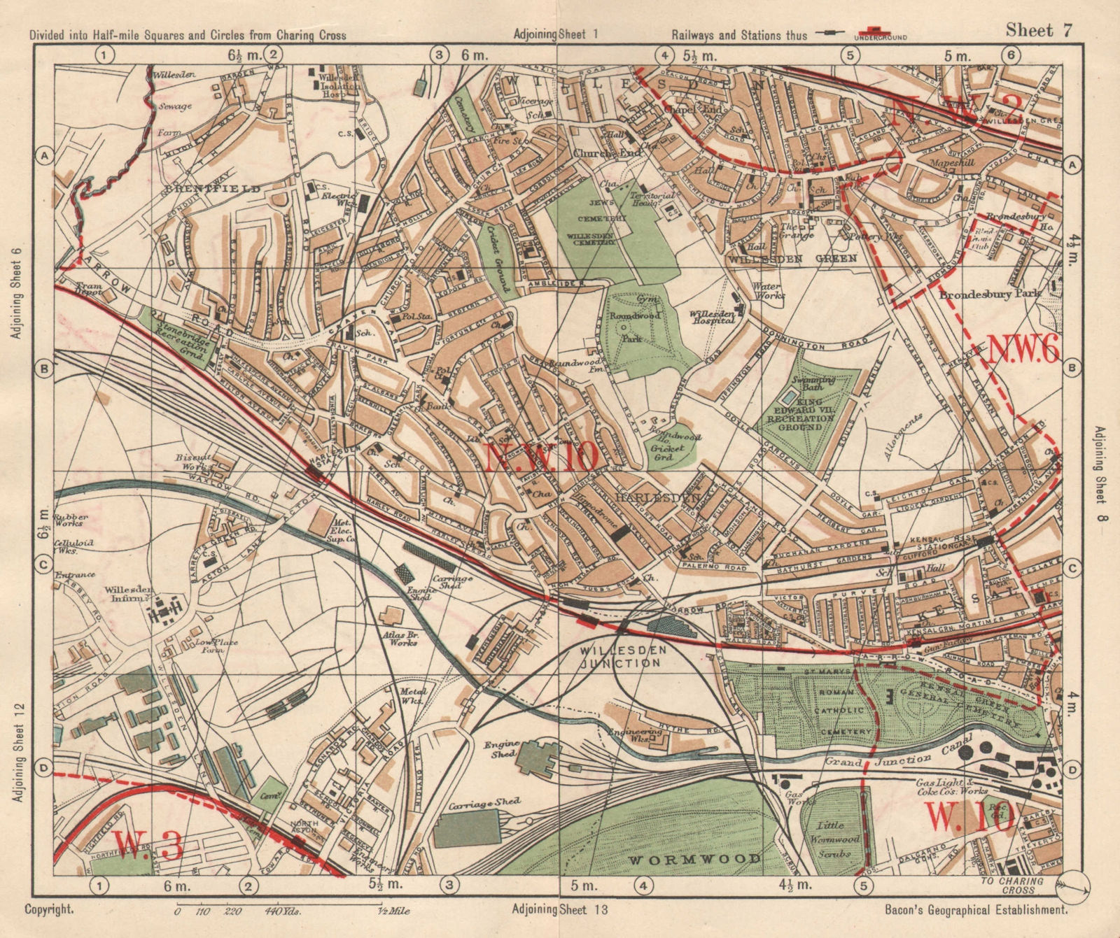 NW LONDON Willesden Harlesden Kensal Green Brentfield Park Royal.BACON 1925 map
