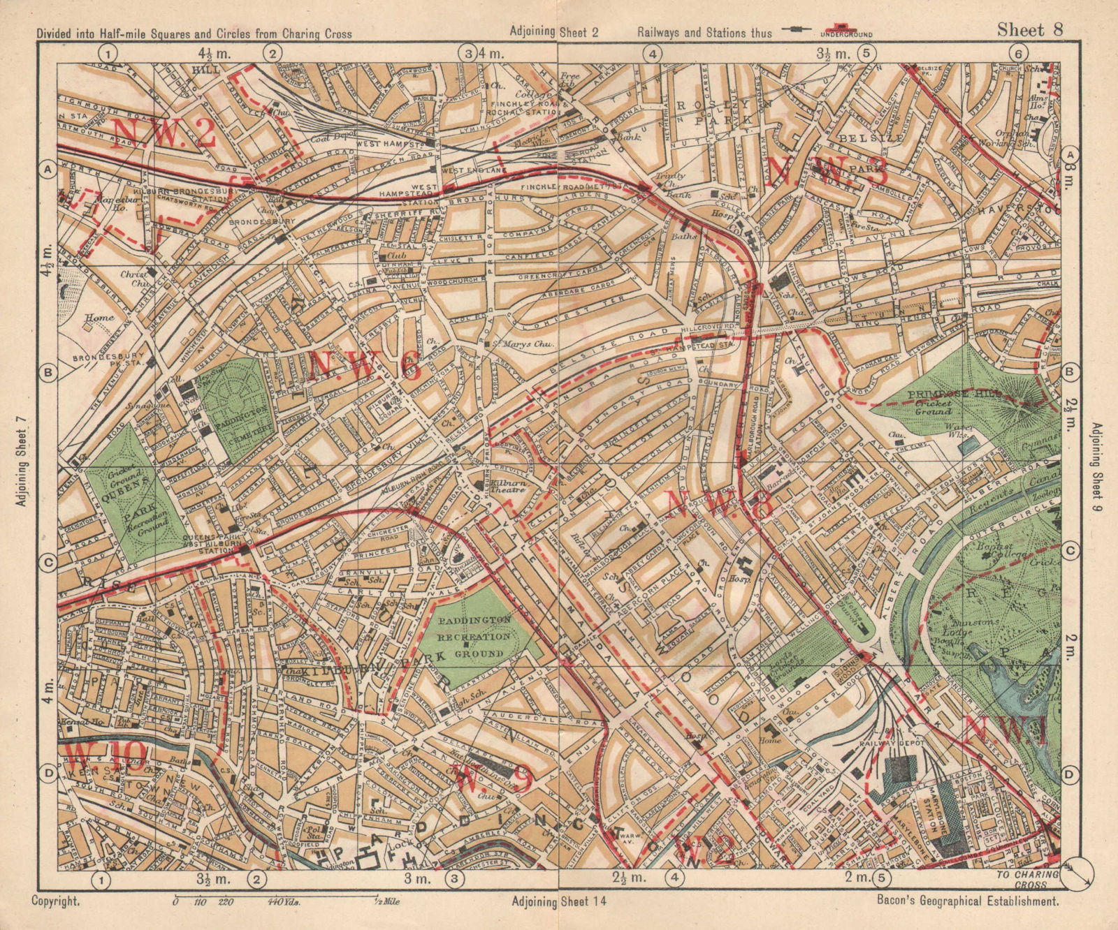 NW LONDON. St John's Wood Belsize Park Maida Vale Queens Park. BACON 1925 map