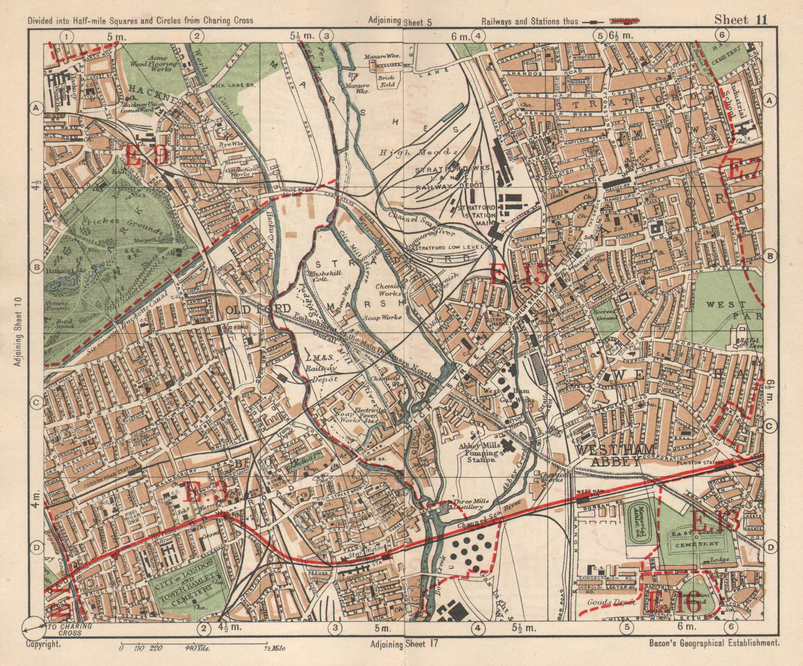 NE LONDON. Stratford Bow Hackney Wick West Ham Old Ford Plaistow.BACON 1925 map