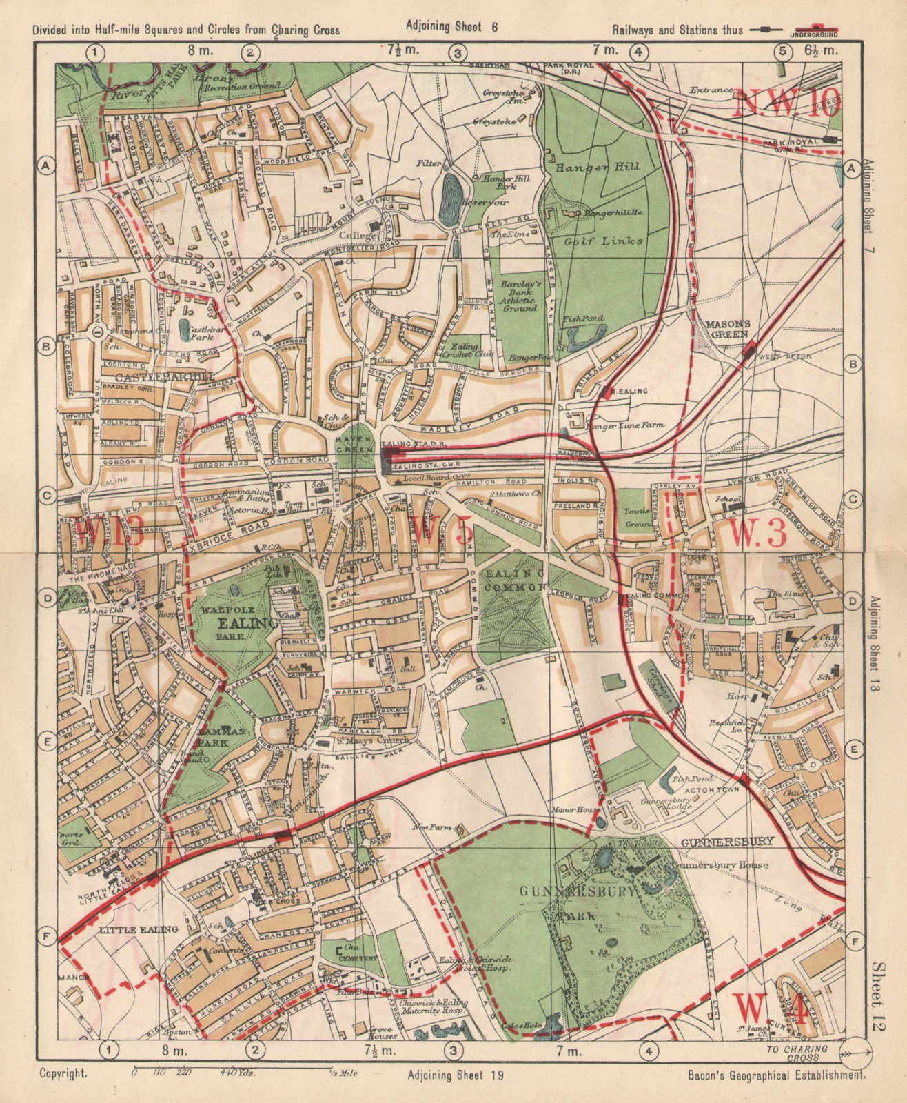 W LONDON. Ealing Park Royal West Acton Town Gunnersbury Park. BACON 1925 map