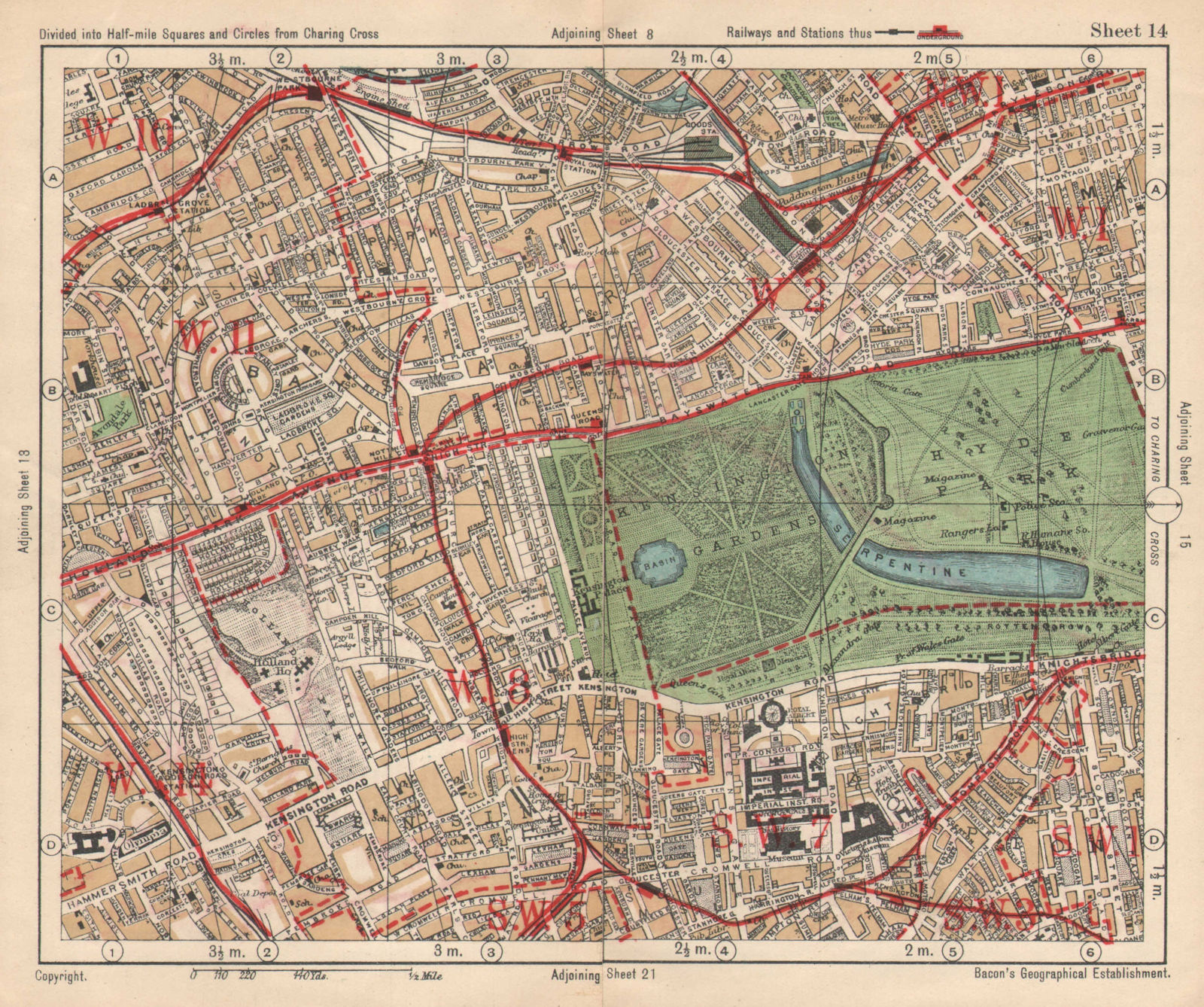 W LONDON. Paddington South Kensington Bayswater Notting Hill. BACON 1925 map