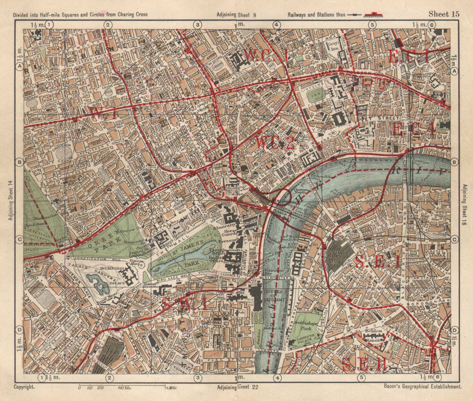 LONDON WEST END. Soho Mayfair Marylebone Lambeth Holborn. BACON 1925 old map