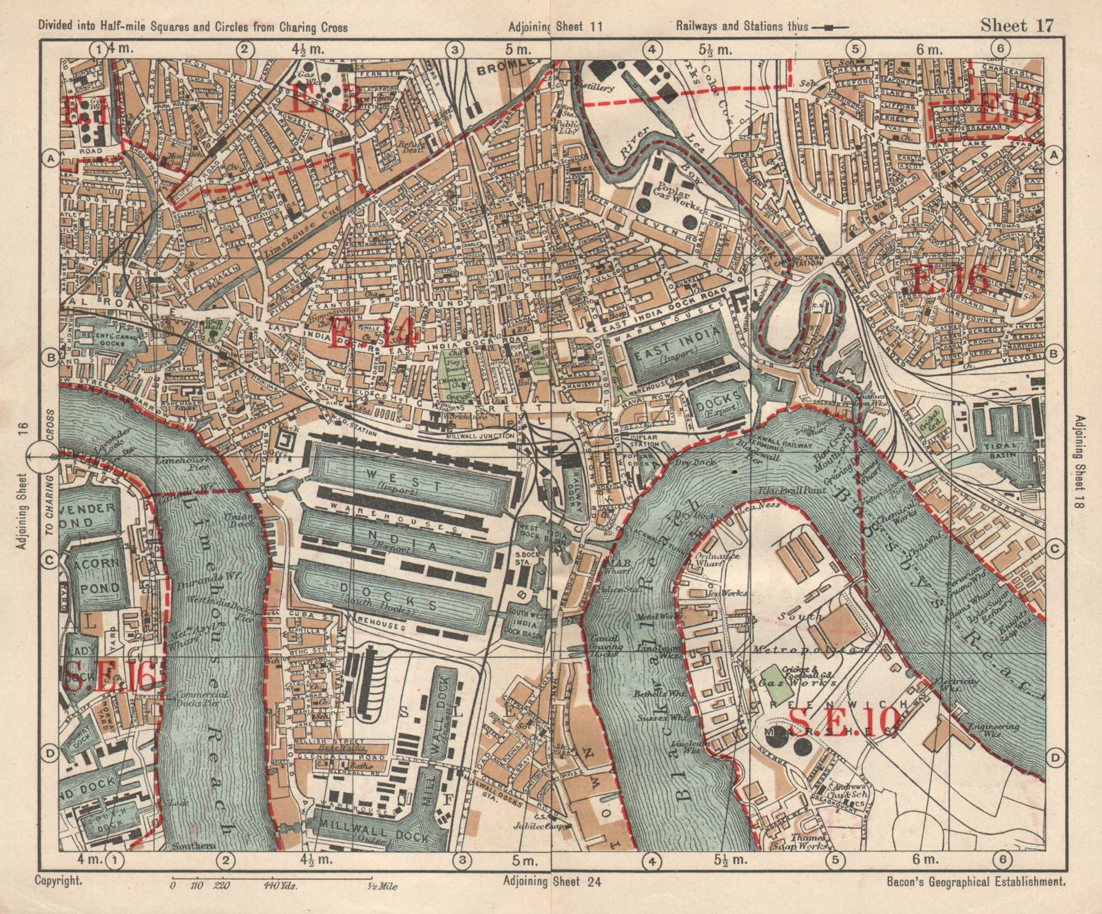 E LONDON Surrey Docks Isle of Dogs Canning Town Poplar Limehouse.BACON 1925 map