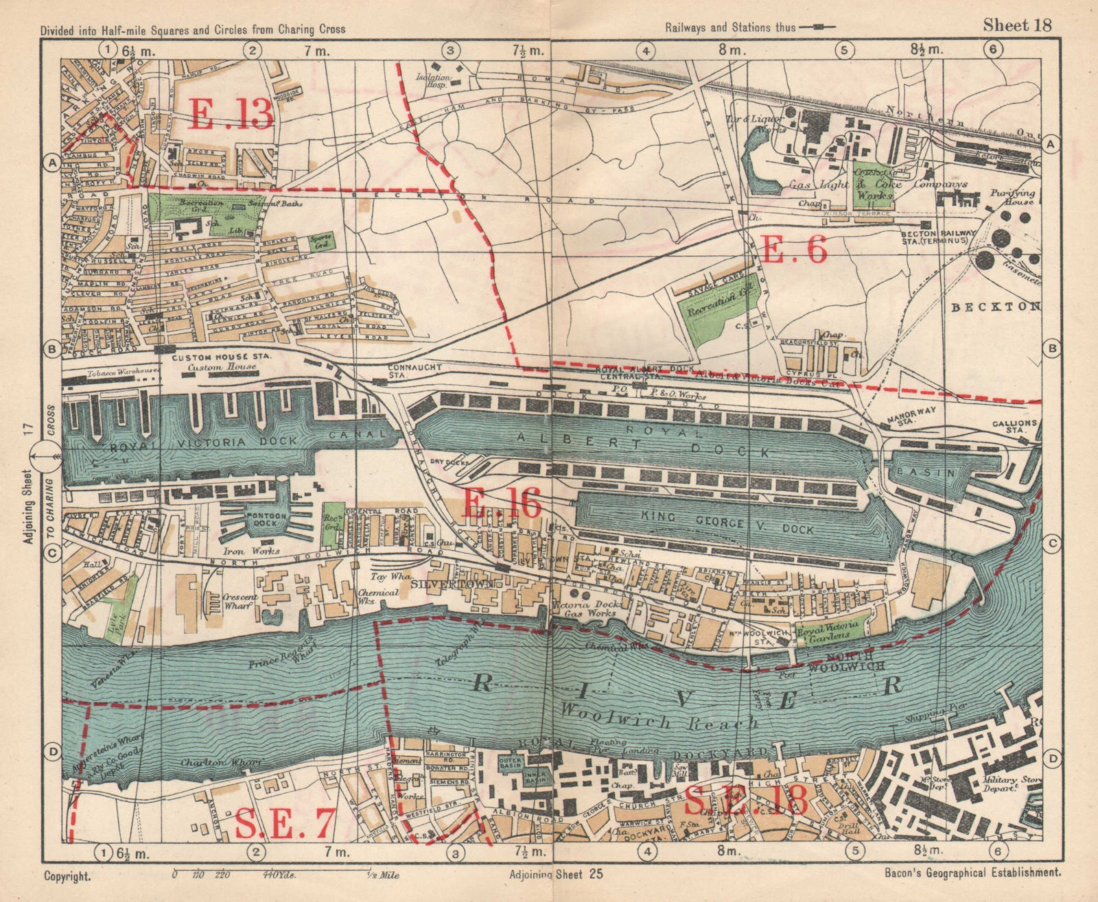E LONDON Royal Victoria/Albert Docks Beckton Woolwich Silvertown.BACON 1925 map