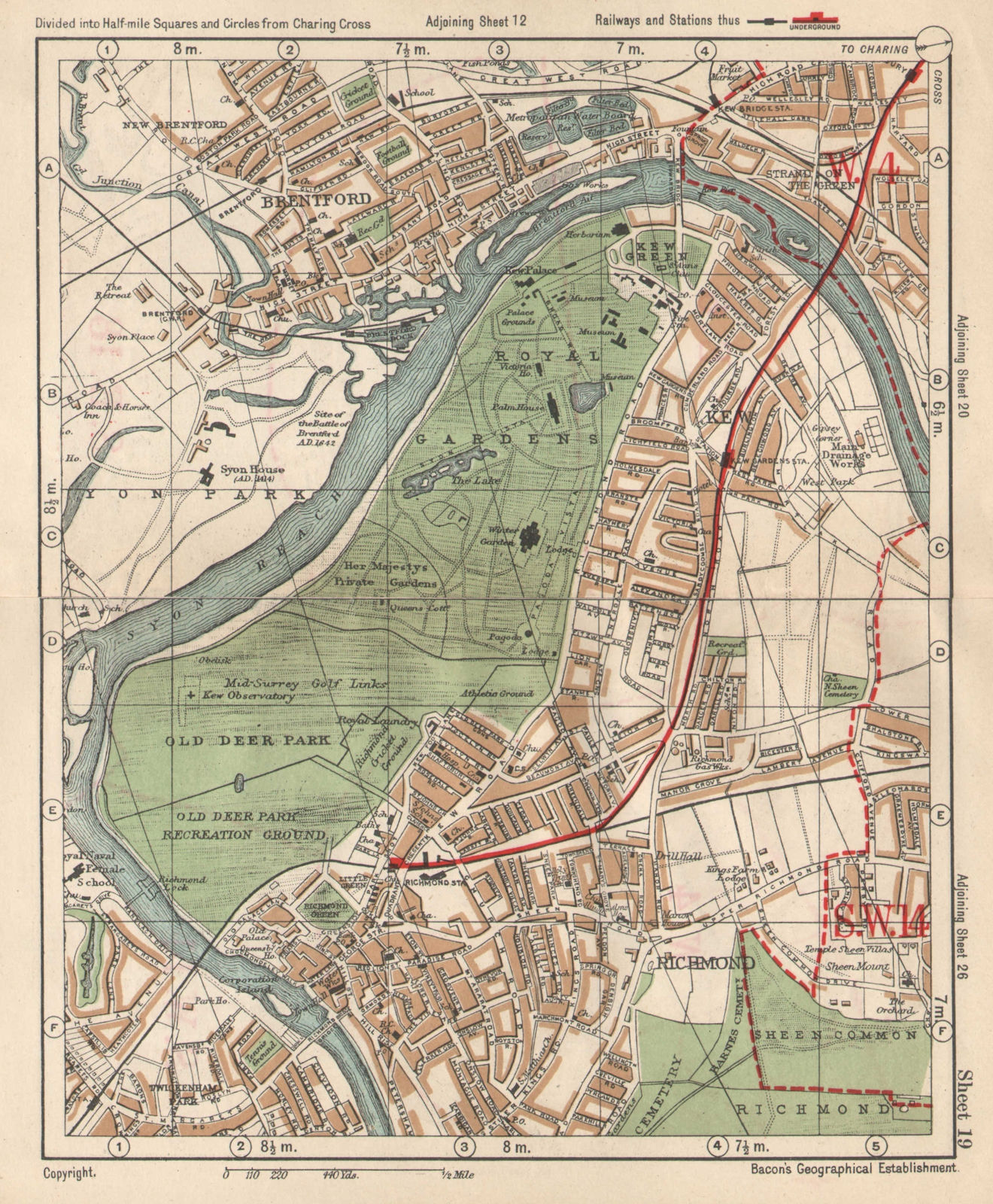 SW LONDON. Brentford Kew gardens Richmond Sheen Chiswick. BACON 1925 old map