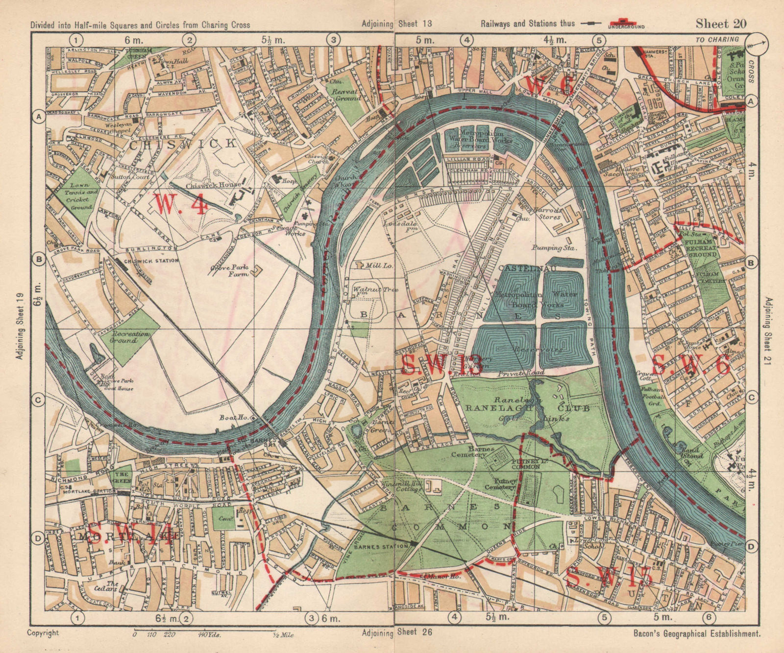 SW LONDON. Chiswick Barnes Castlenau Fulham Hammersmith Mortlake.BACON 1925 map