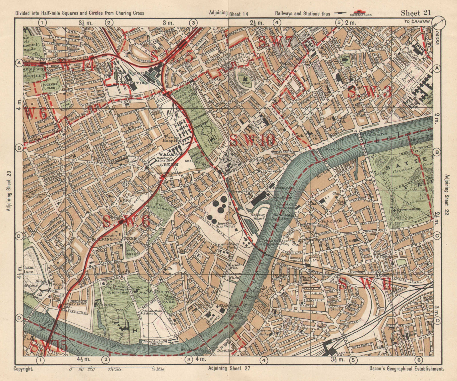 SW LONDON. Fulham Chelsea Battersea Walham/Parson's Green. BACON 1925 old map
