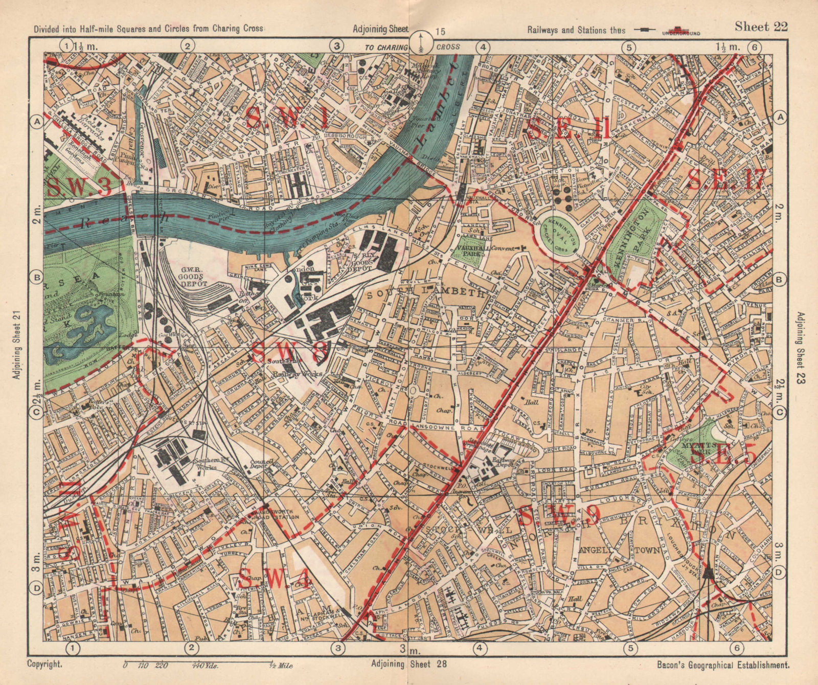 S LONDON. Kennington Battersea Pimlico Brixton Lambeth Clapham. BACON 1925 map
