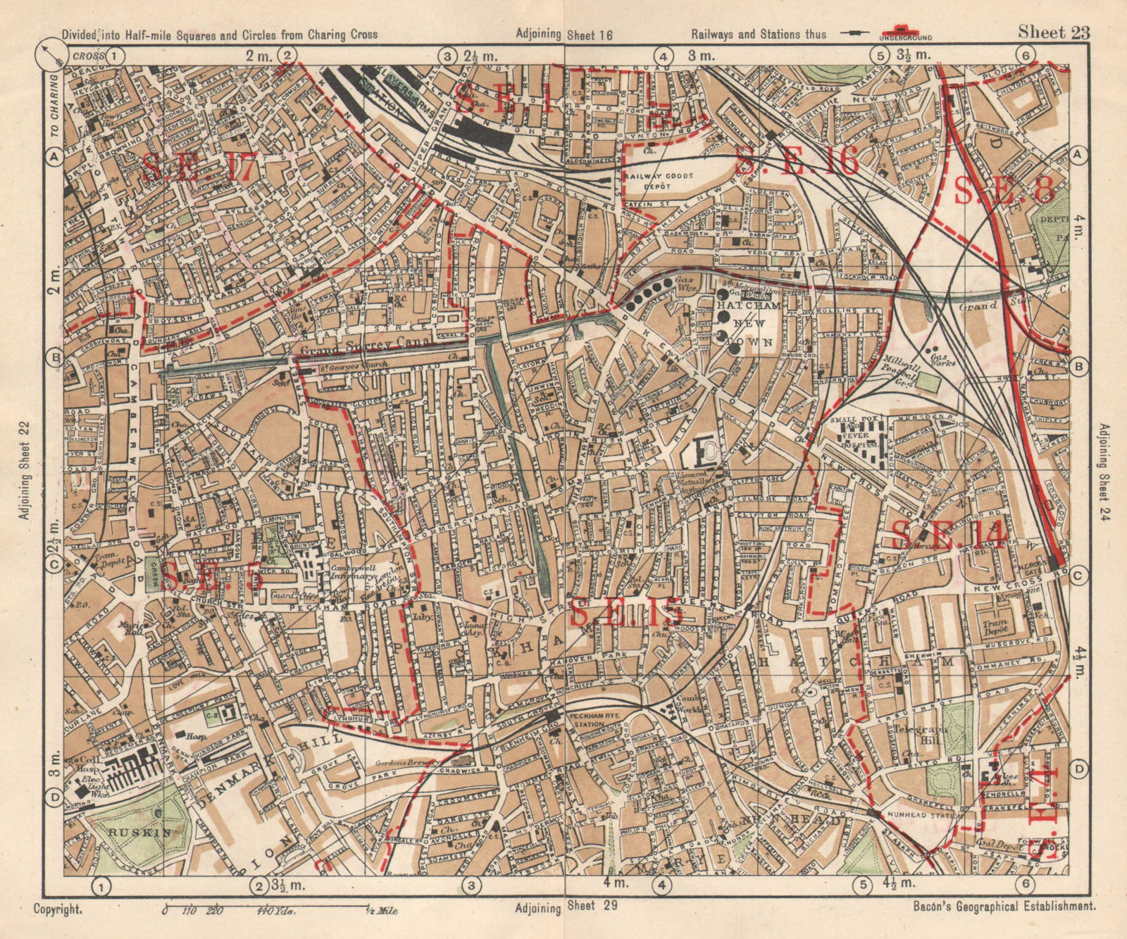 SE LONDON. Peckham Camberwell Hatcham Denmark Hill Surrey canal. BACON 1925 map