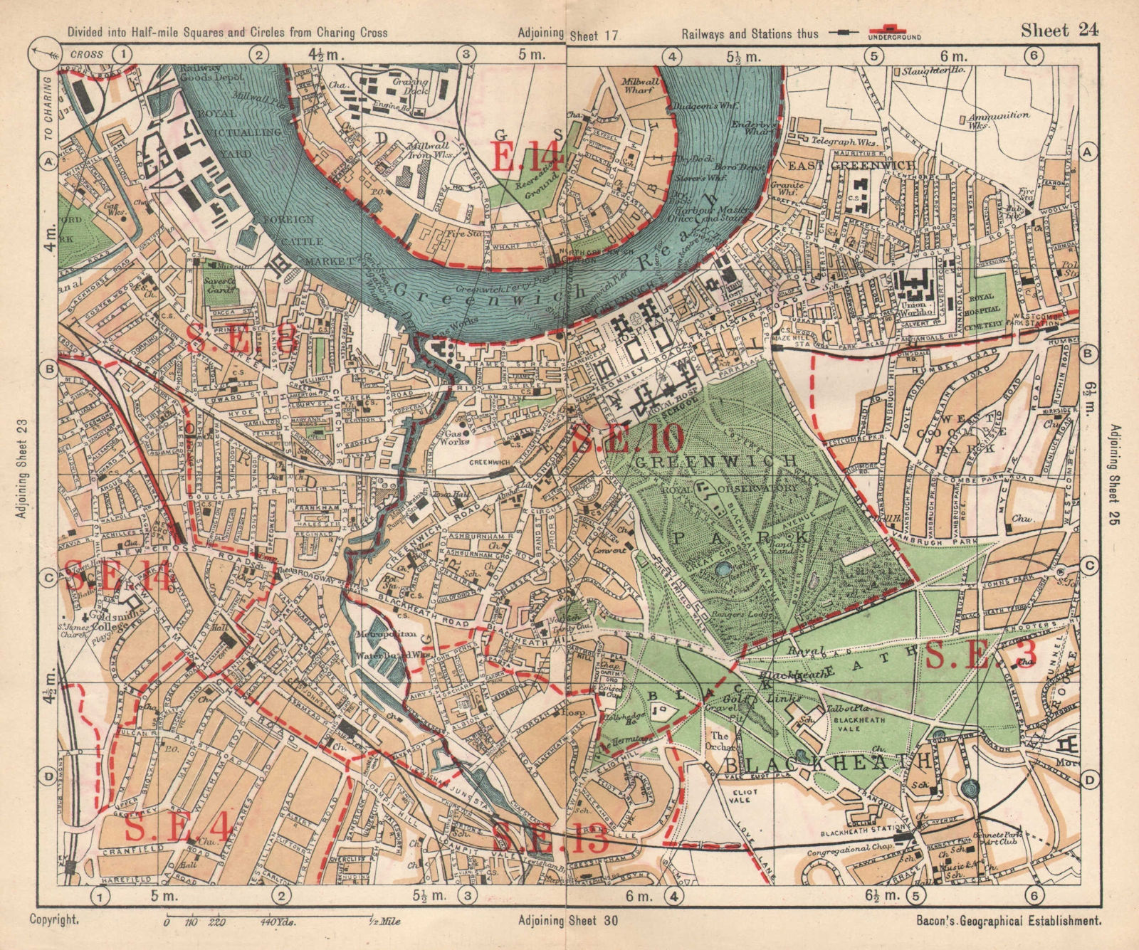 SE LONDON. Deptford Greenwich Cubitt Town Lewisham Blackheath. BACON 1925 map