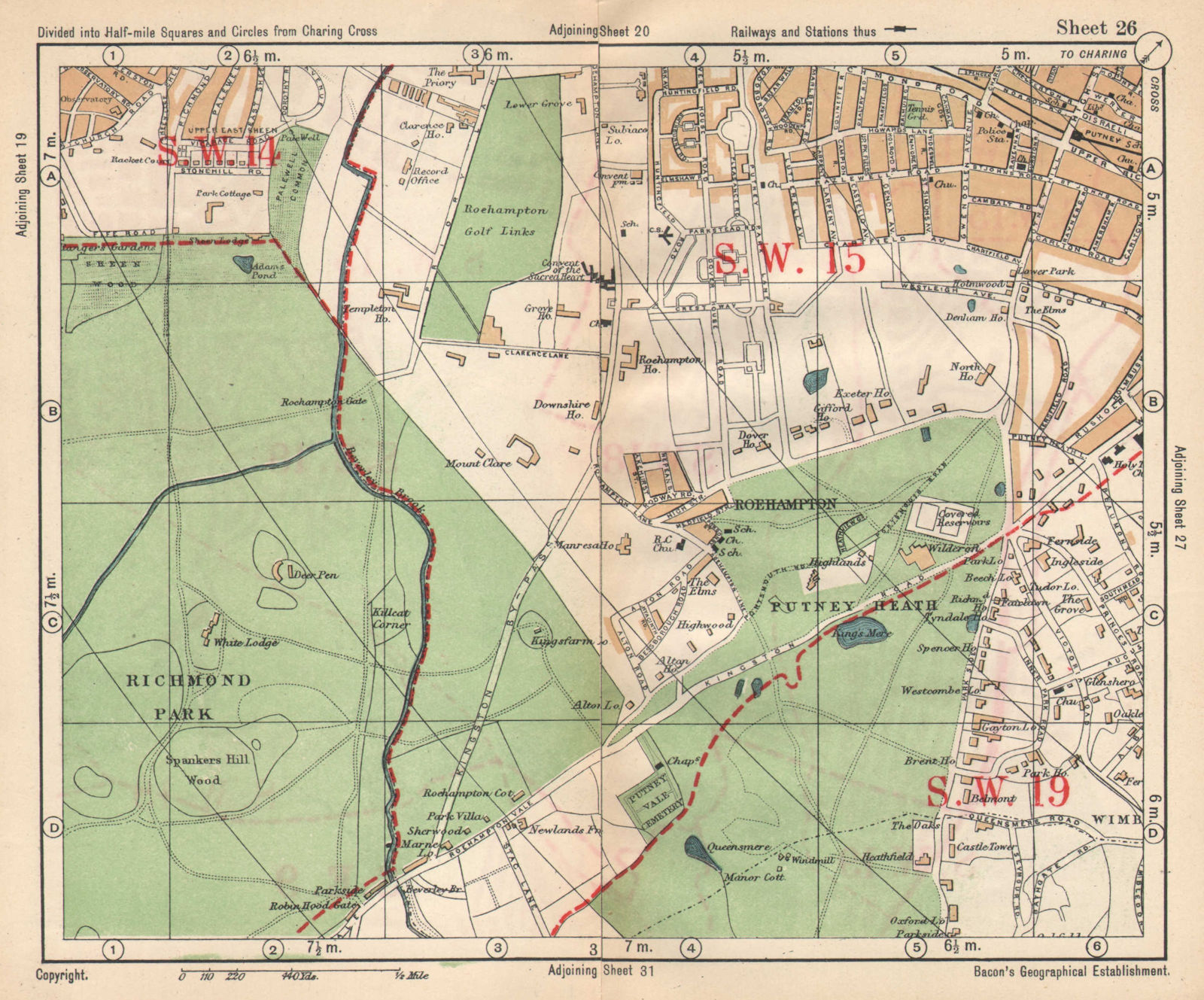 SW LONDON. Putney Roehampton Richmond Park Wimbledon Common. BACON 1925 map
