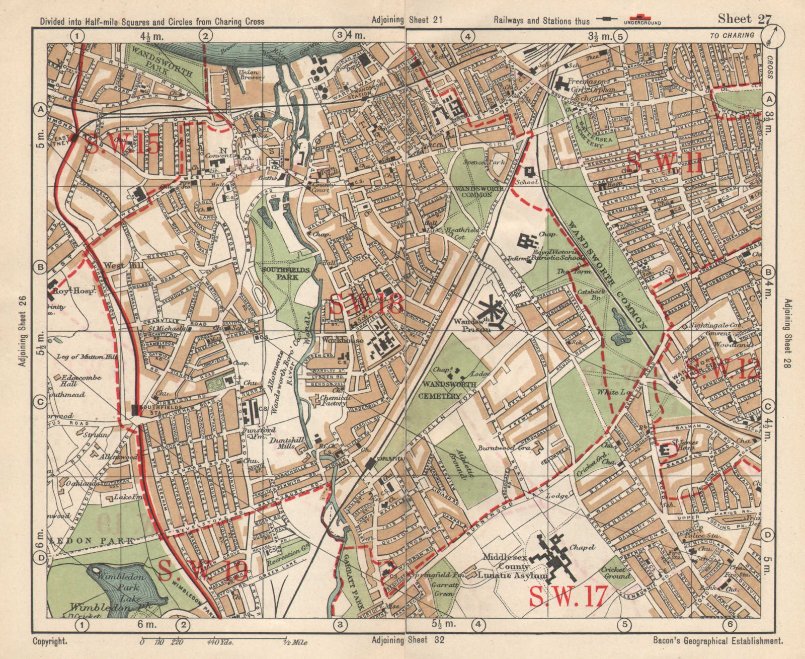 SW LONDON. Wandsworth E Putney Wimbledon Earlsfield Southfields. BACON 1925 map