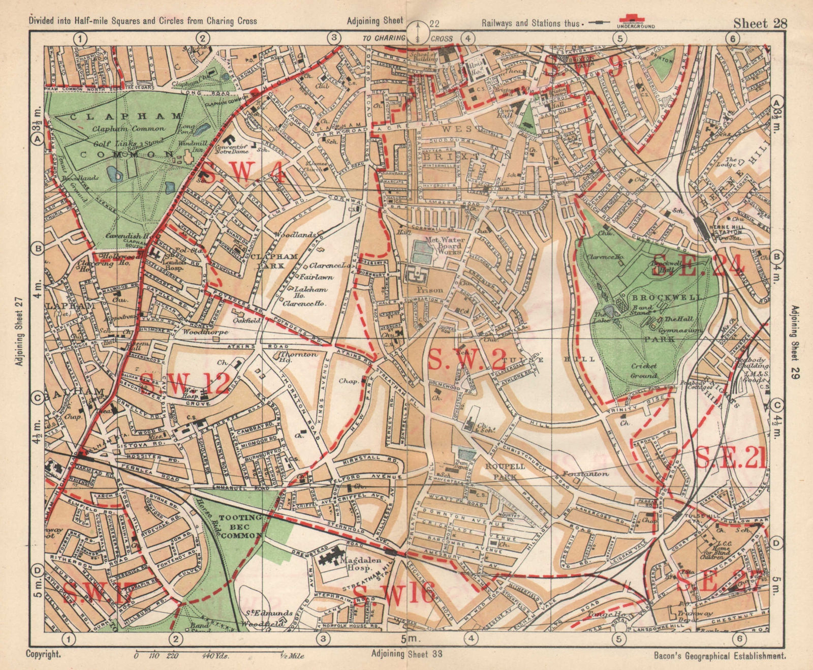 S LONDON. Brixton Clapham Balham Herne Hill Streatham Tusle Hill.BACON 1925 map