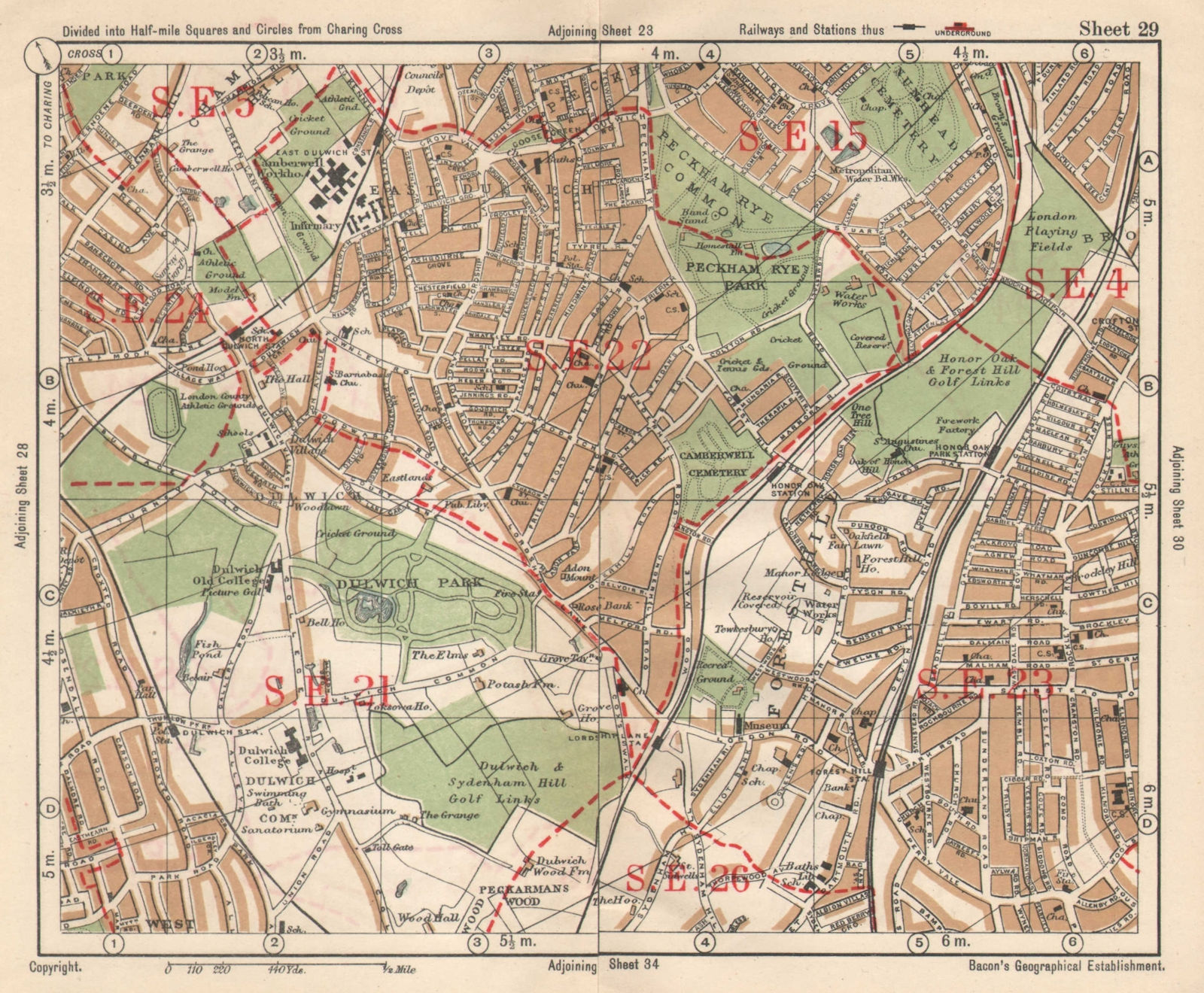 SE LONDON. Dulwich Honor Oak Forest Hill Herne Hill Peckham Rye. BACON 1925 map