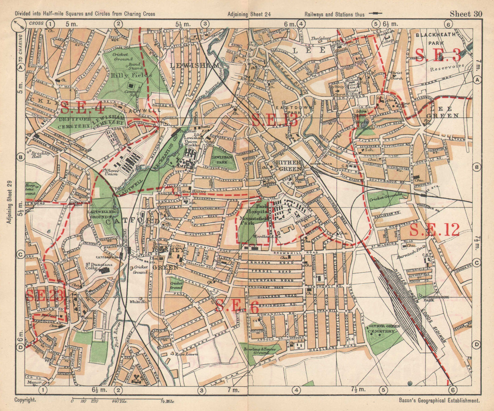 SE LONDON. Catford Hither/Rushey/Lee Green Lewisham Ladywell. BACON 1925 map