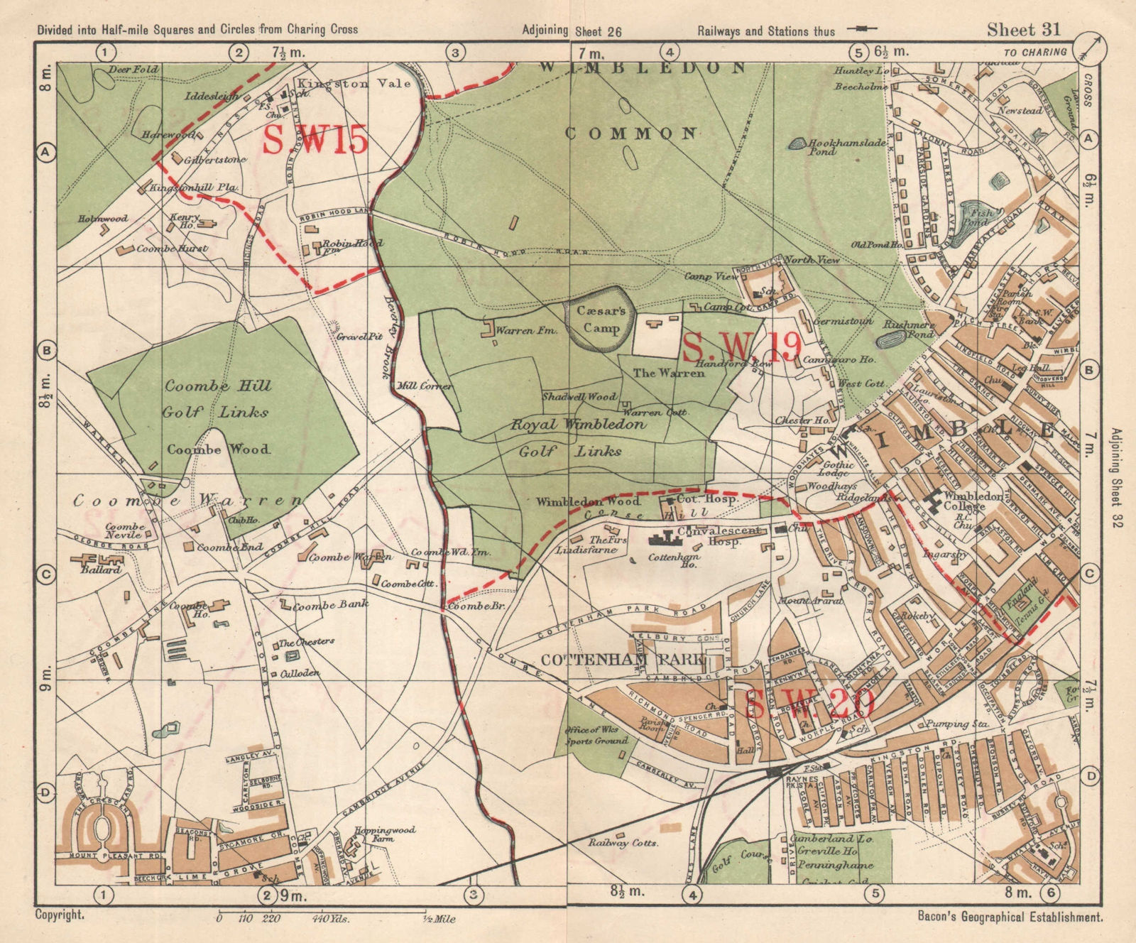 SW LONDON. Wimbledon Common Cottenham Park Malden Coombe Hill. BACON 1925 map