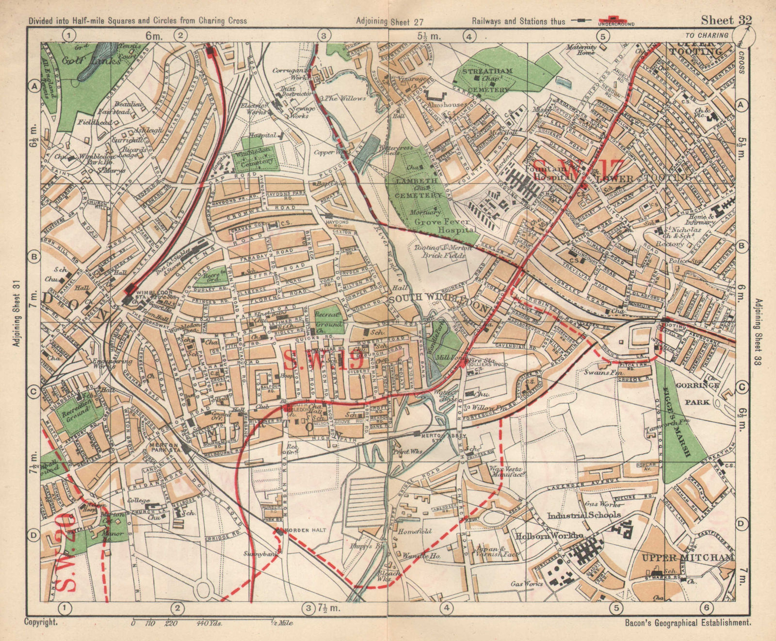 Associate Product SW LONDON. Wimbledon Tooting Merton Morden Upper Mitcham. BACON 1925 old map