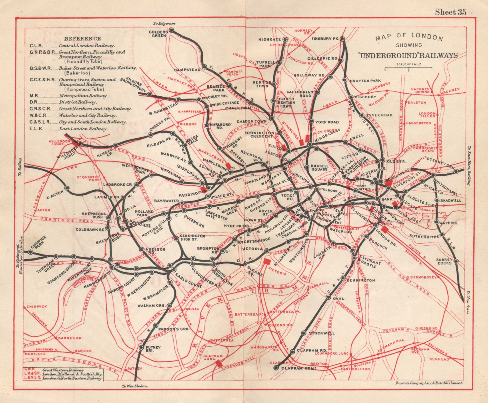 LONDON UNDERGROUND MAP. Tube & railways. BACON 1925 old vintage plan chart