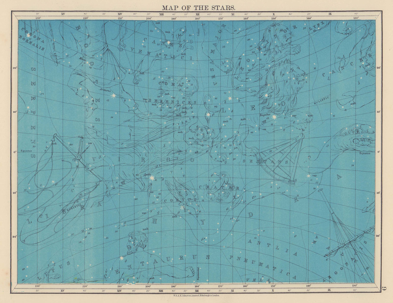 ASTRONOMY. Star map. Virgo Hydra Leo Serpens Centaurus Libra. JOHNSTON 1901