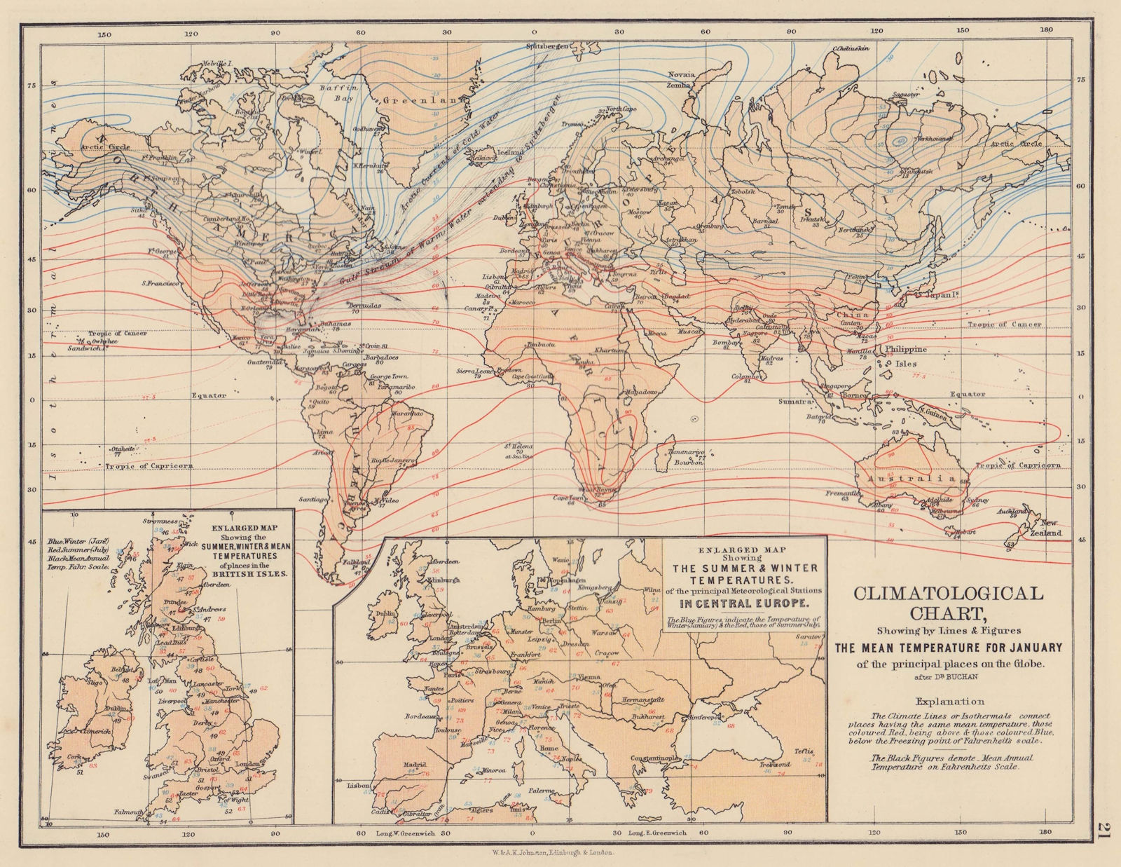 Associate Product WORLD CLIMATE. January temperature. Summer/winter Europe. JOHNSTON 1901 map
