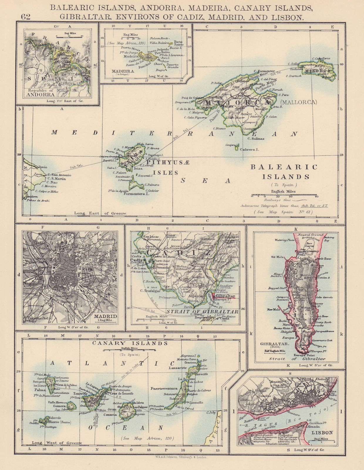 IBERIA. Balearic/Canary Islands Andorra Madeira Gibraltar Madrid Lisbon 1901 map