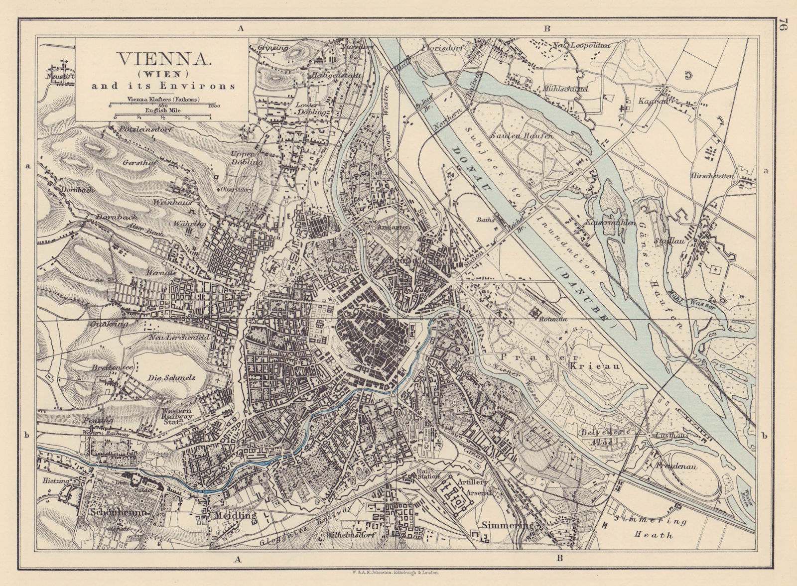VIENNA (WIEN) . City plan. Danube river. Austria. JOHNSTON 1901 old map