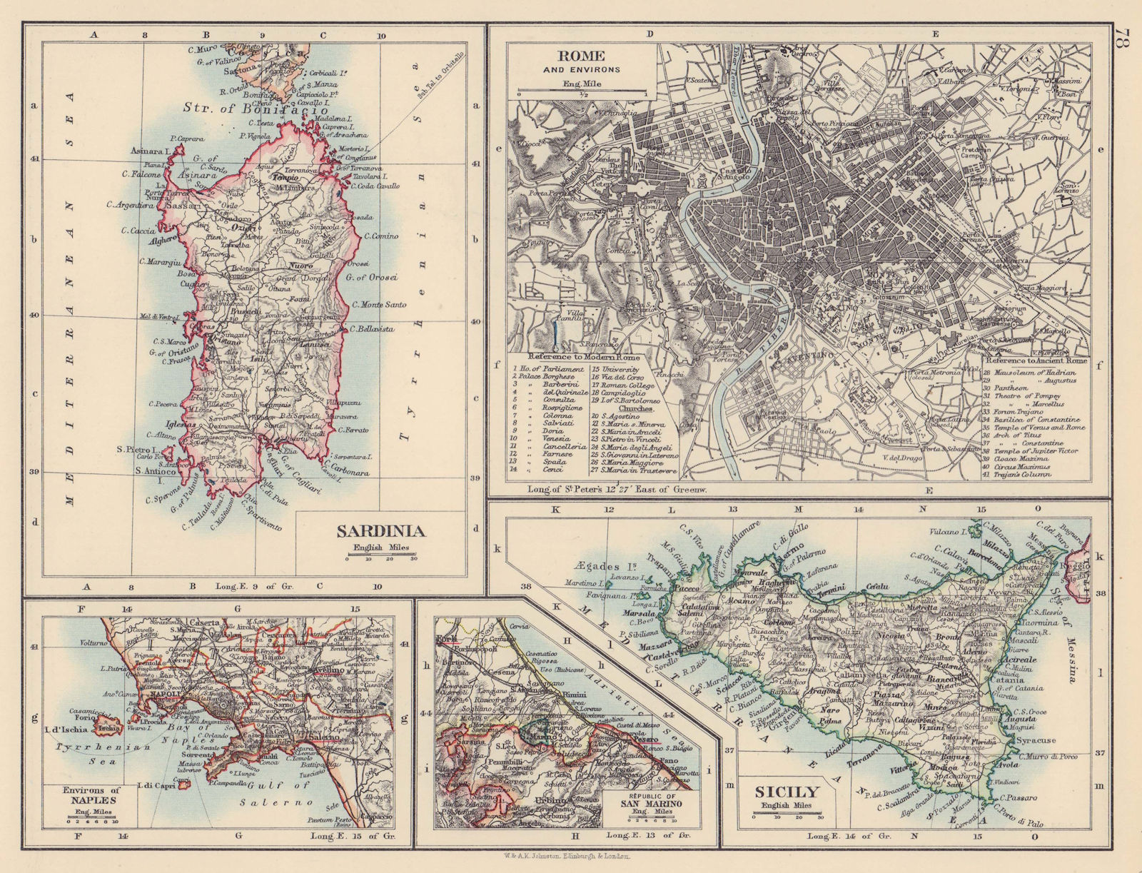 Associate Product ITALY CITIES & ISLANDS Sardinia Rome Naples San Marino Sicily. JOHNSTON 1901 map