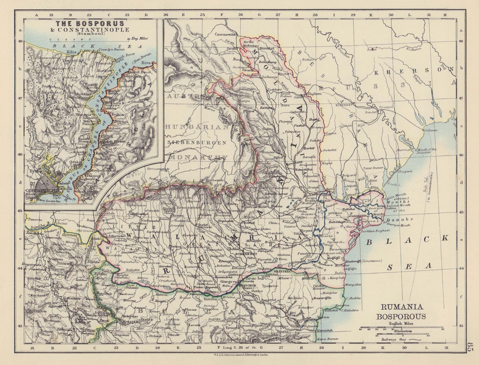 RUMANIA & BOSPHORUS. Romania Wallachia Moldavia Moldova. JOHNSTON 1901 map