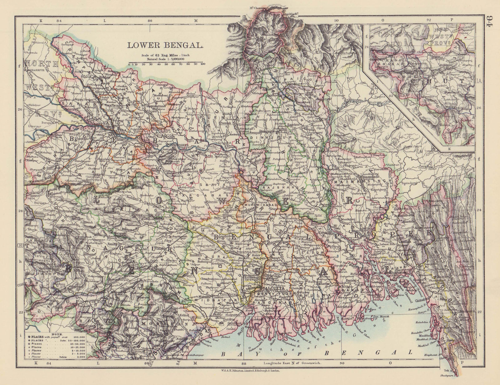 BRITISH INDIA NE Lower Bengal Nagpur Bihar Rajshah Sikkim Bardwan. Rail 1901 map