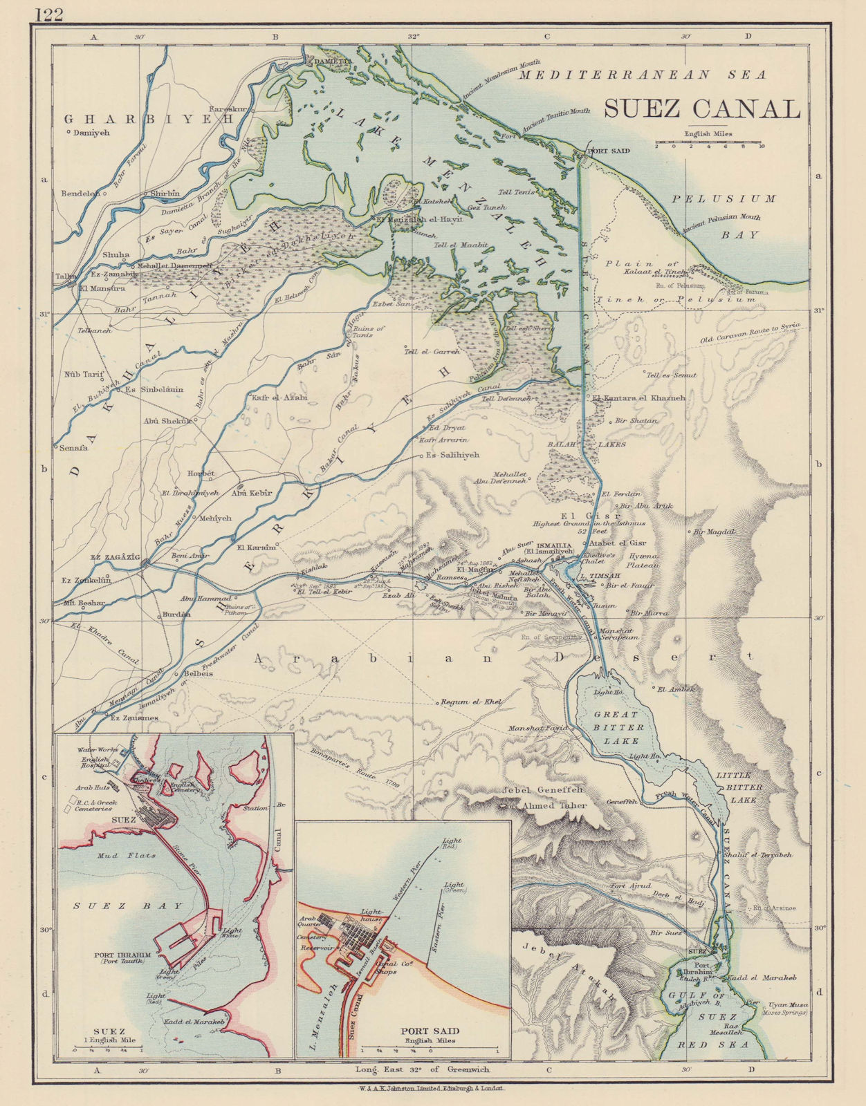 SUEZ CANAL. Plan. Inset Suez town & Port Said. JOHNSTON 1901 old antique map