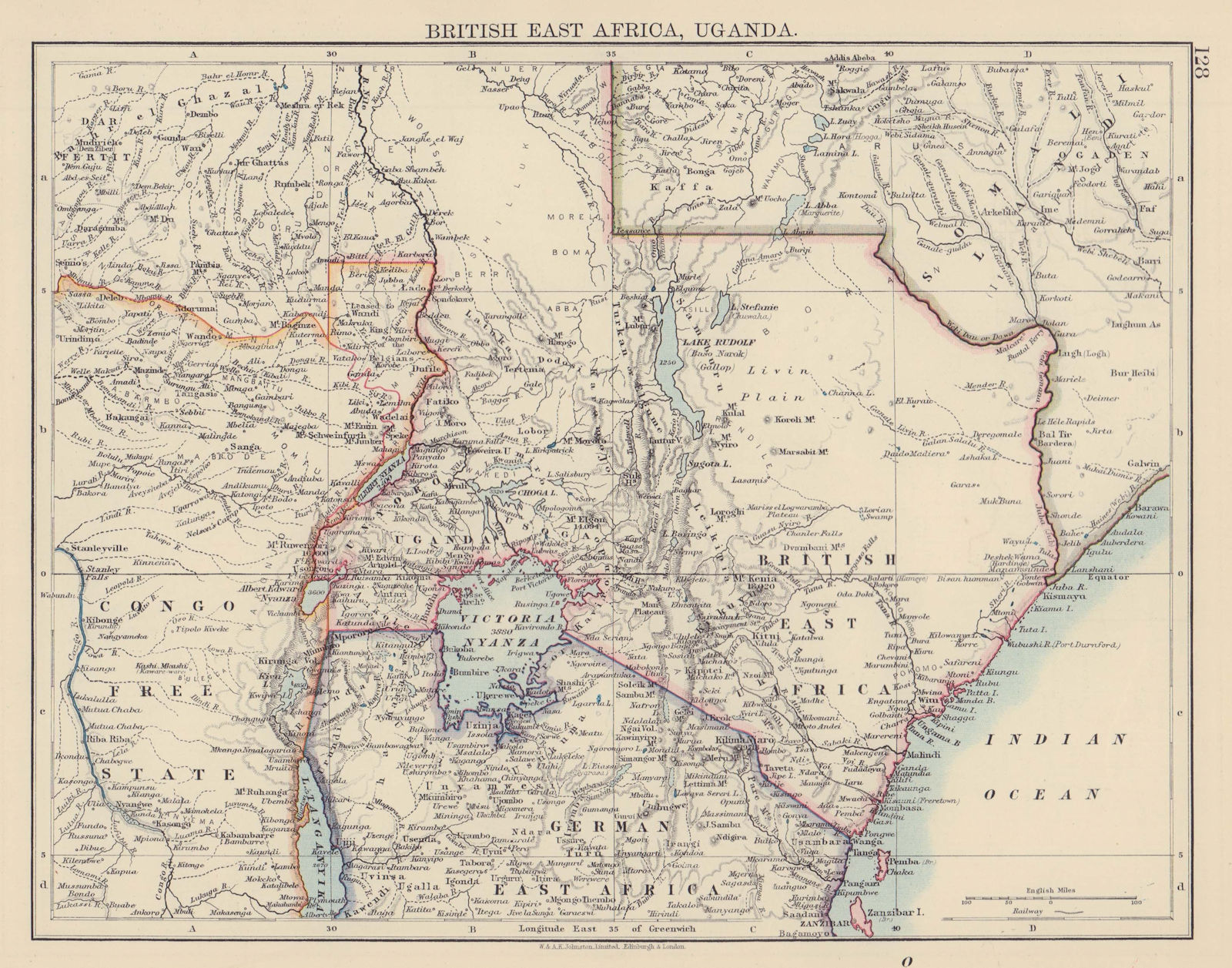 BRITISH EAST AFRICA & UGANDA Kenya. Northern Tanzania/German EA Rwanda 1901 map