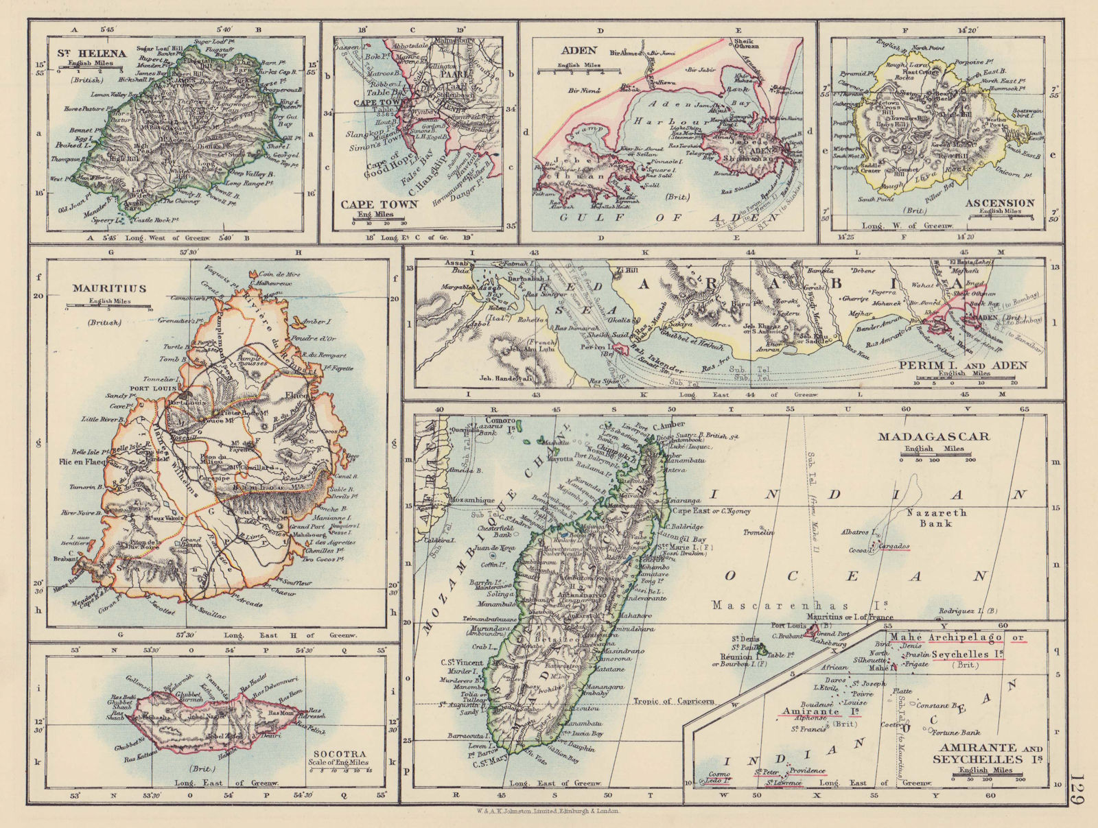 AFRICAN ISLANDS & CITIES. Madagascar Mauritius Ascension St Helena 1901 map