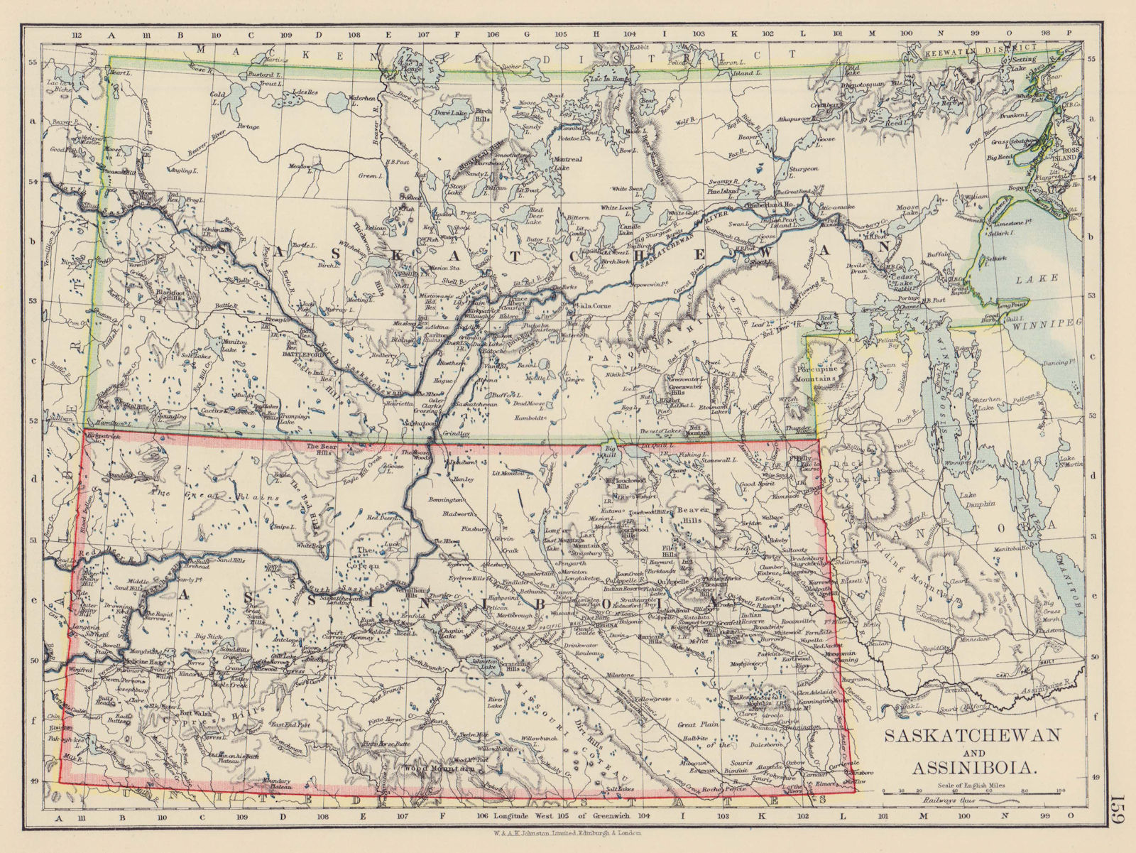 ASSINIBOIA & SASKATCHEWAN Province map. Canadian Pacific Railroad. JOHNSTON 1901