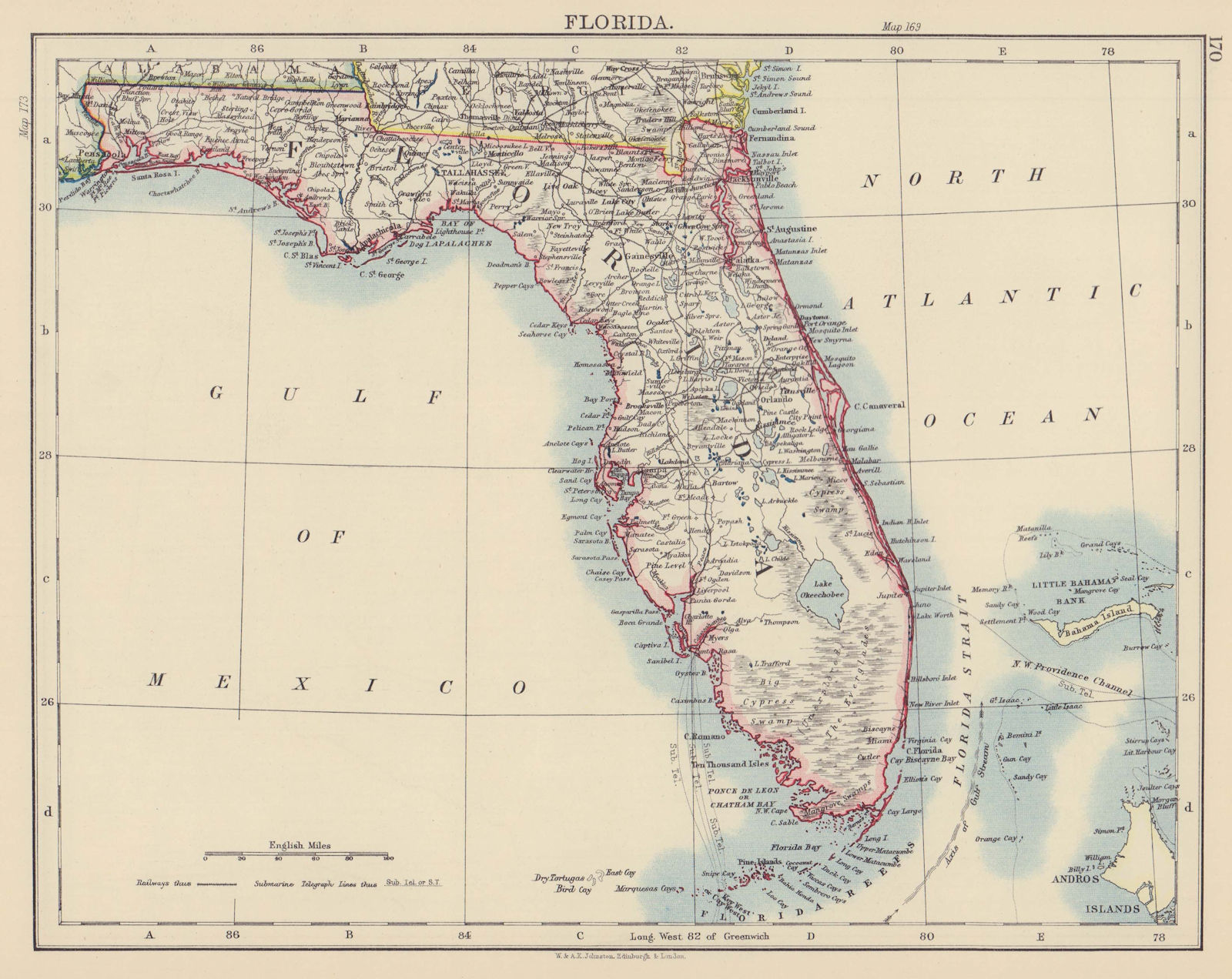 Associate Product FLORIDA. State map. Shows Miami. Railroads. JOHNSTON 1901 old antique